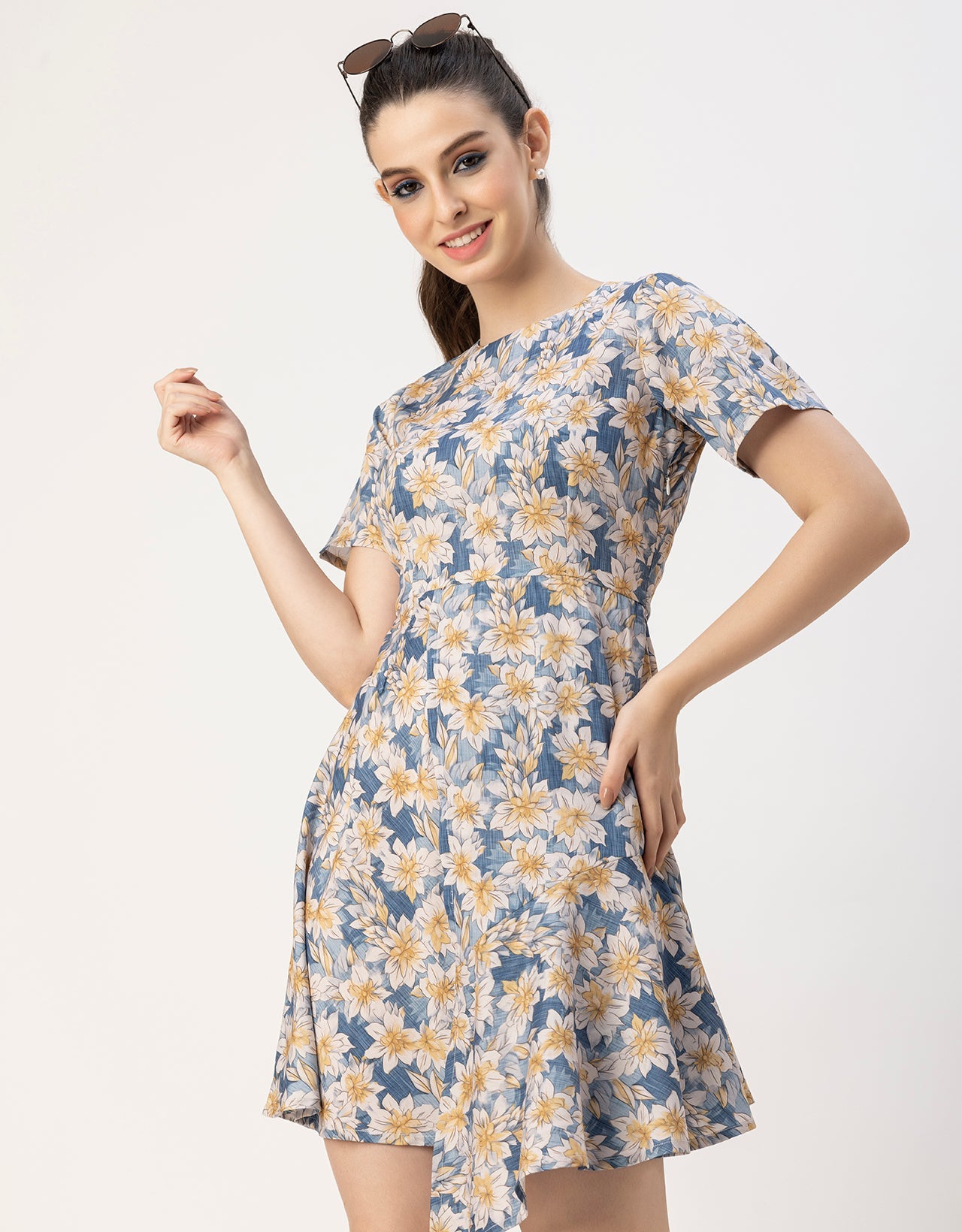 Short Sleeve Asymmetric Printed Dress