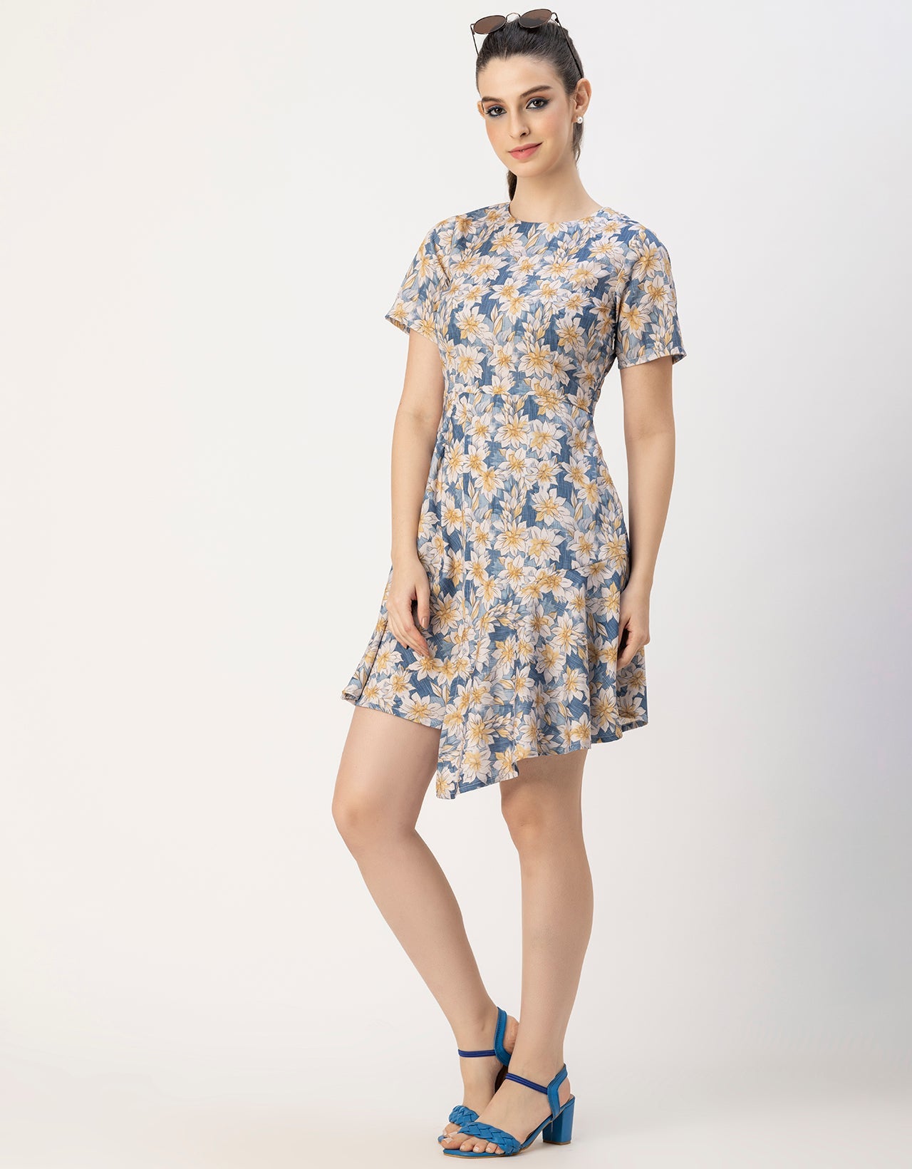 Short Sleeve Asymmetric Printed Dress