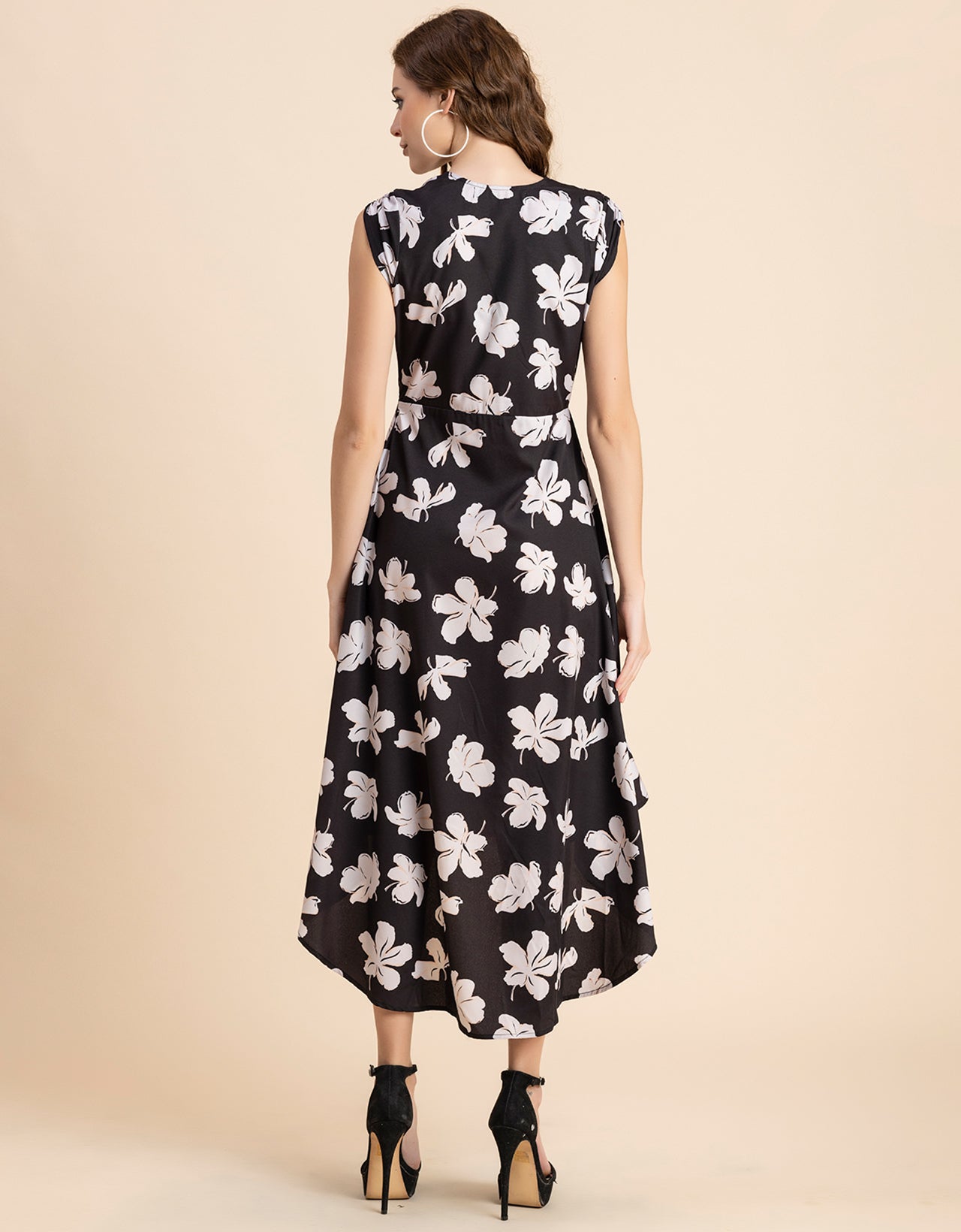 Short Sleeve High-Low V Neck Printed Dress