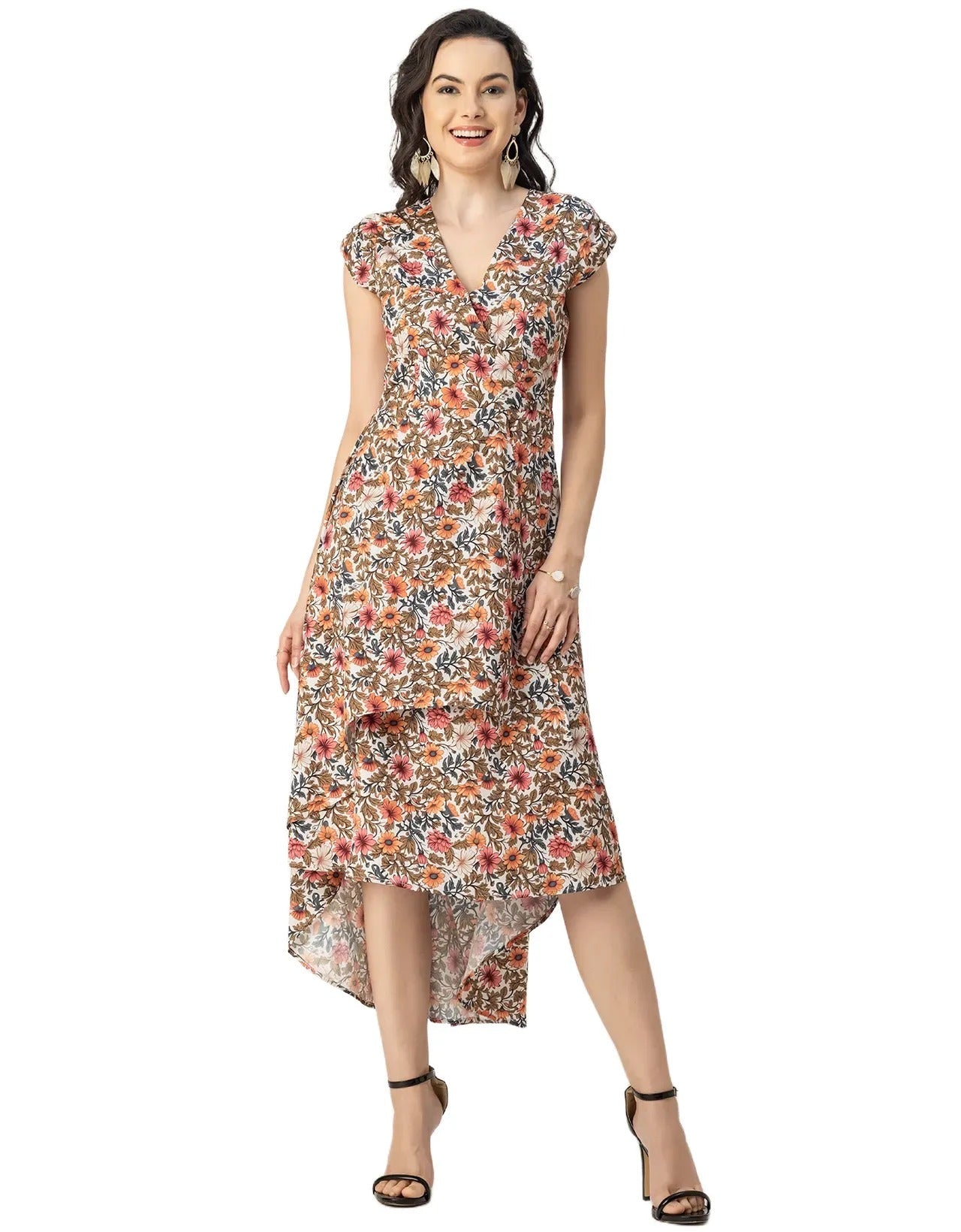 Short Sleeve High-Low V Neck Printed Dress