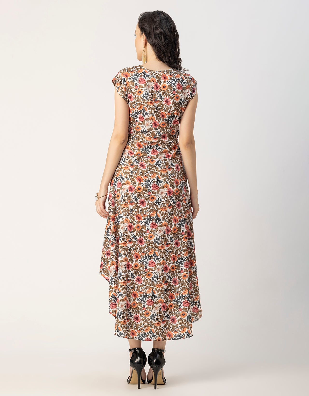 Short Sleeve High-Low V Neck Printed Dress