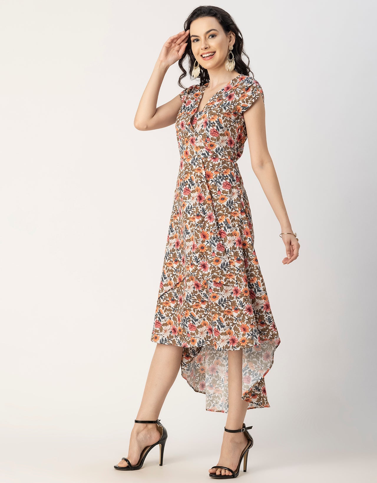 Short Sleeve High-Low V Neck Printed Dress