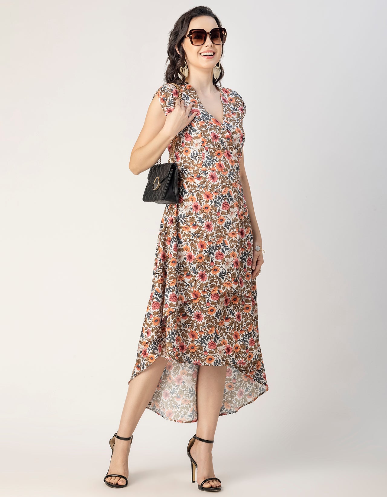 Short Sleeve High-Low V Neck Printed Dress