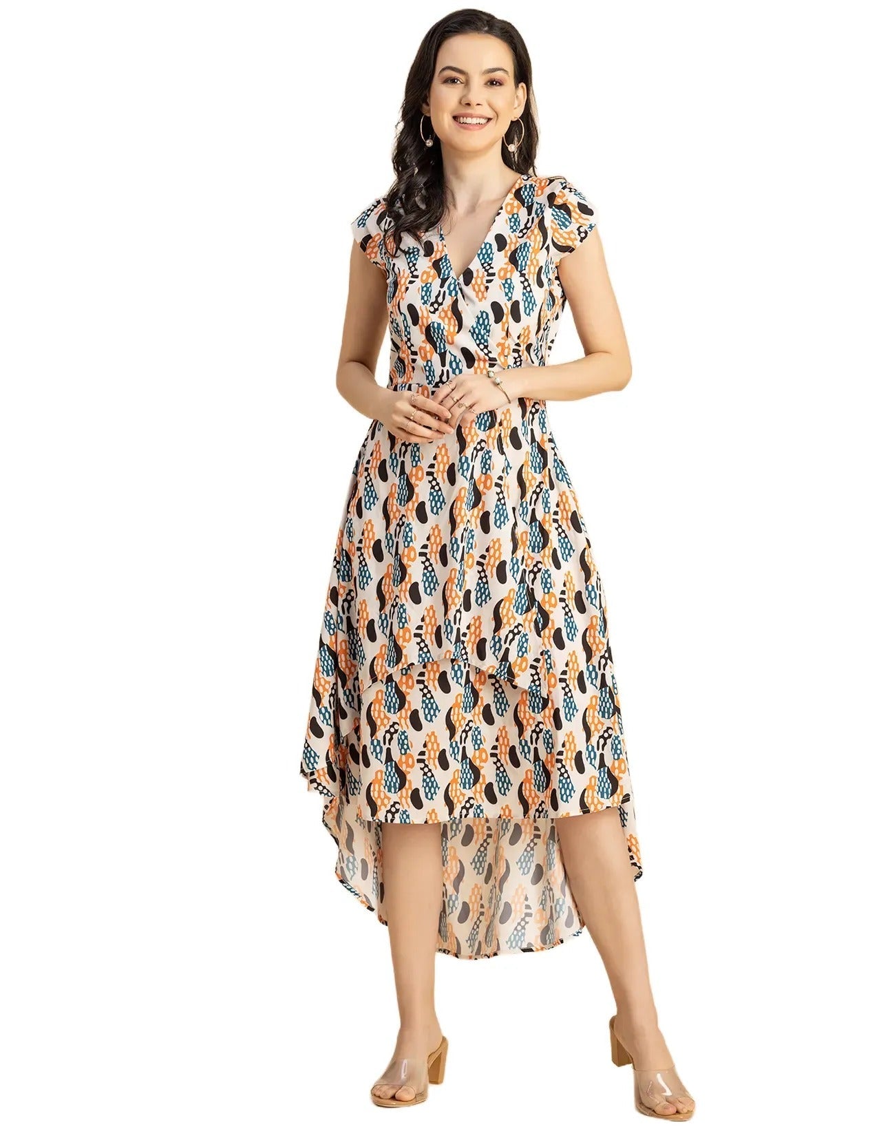 Short Sleeve High-Low V Neck Printed Dress