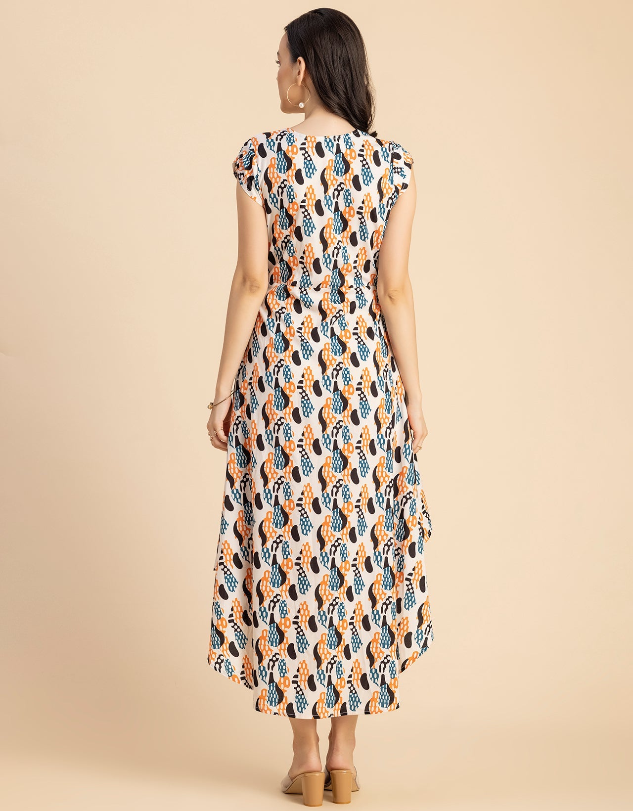 Short Sleeve High-Low V Neck Printed Dress