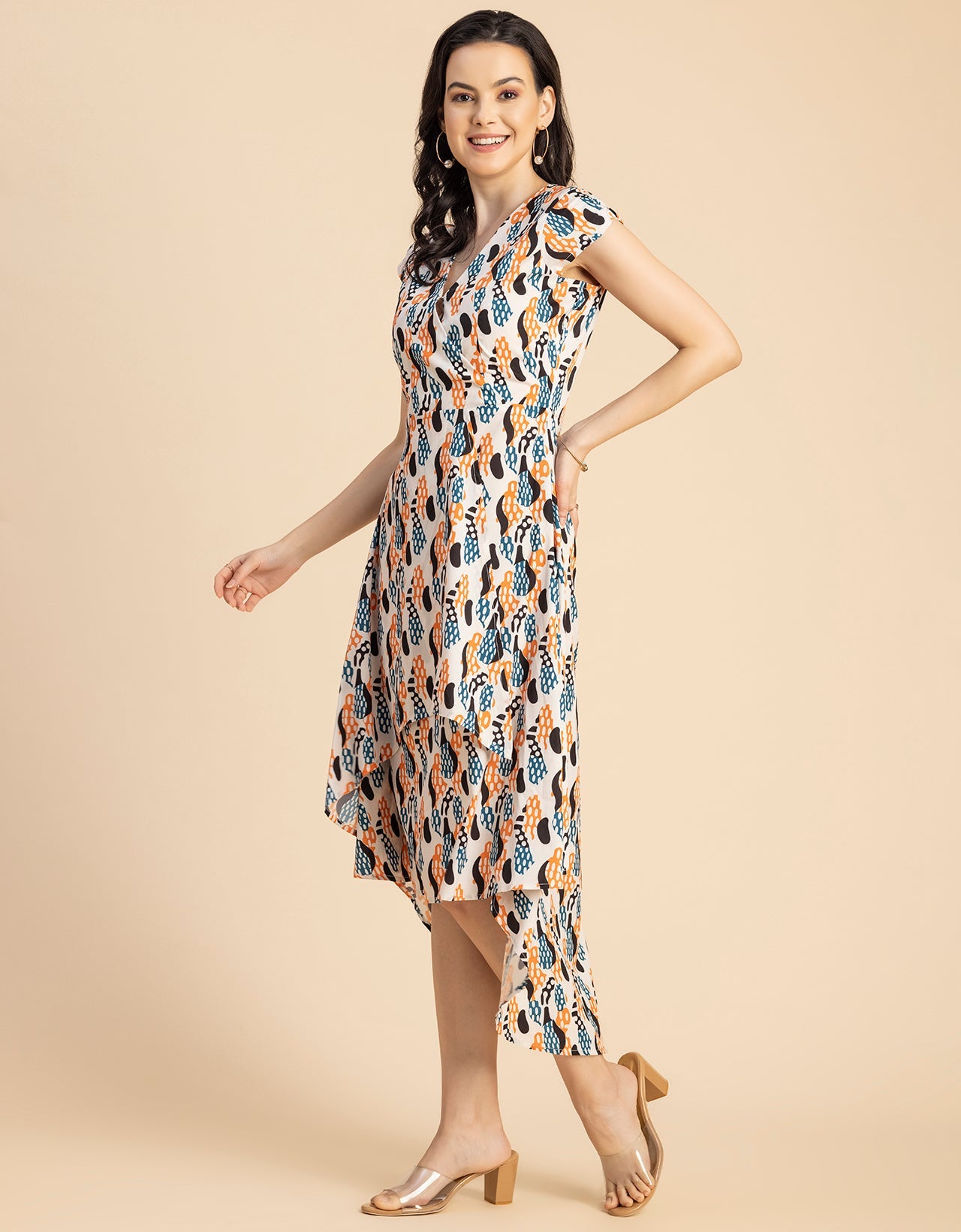 Short Sleeve High-Low V Neck Printed Dress