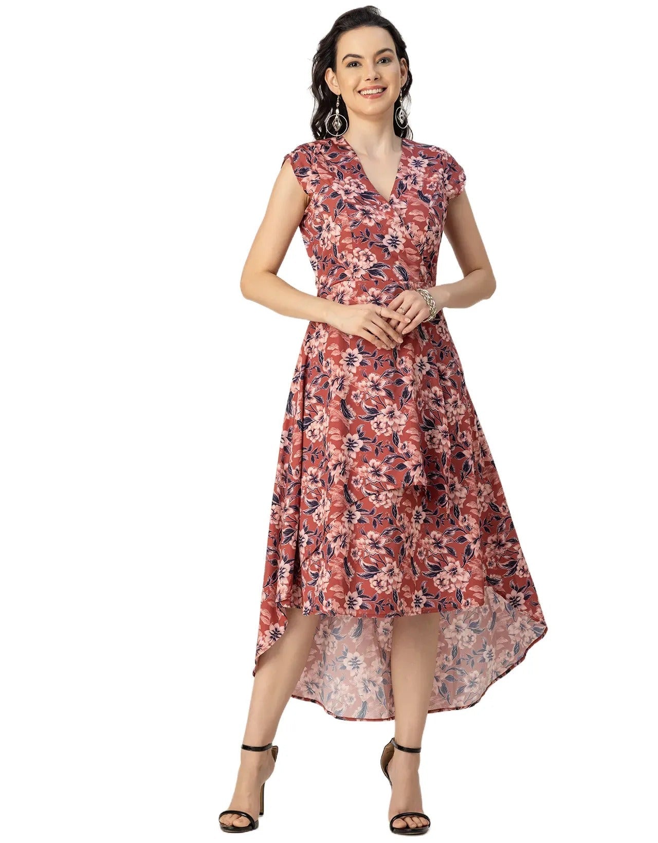 Short Sleeve High-Low V Neck Printed Dress