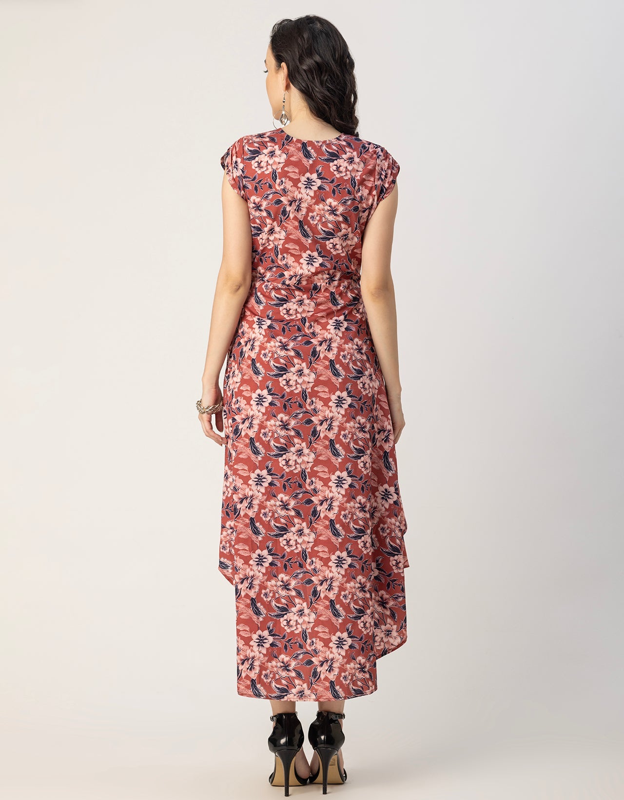 Short Sleeve High-Low V Neck Printed Dress