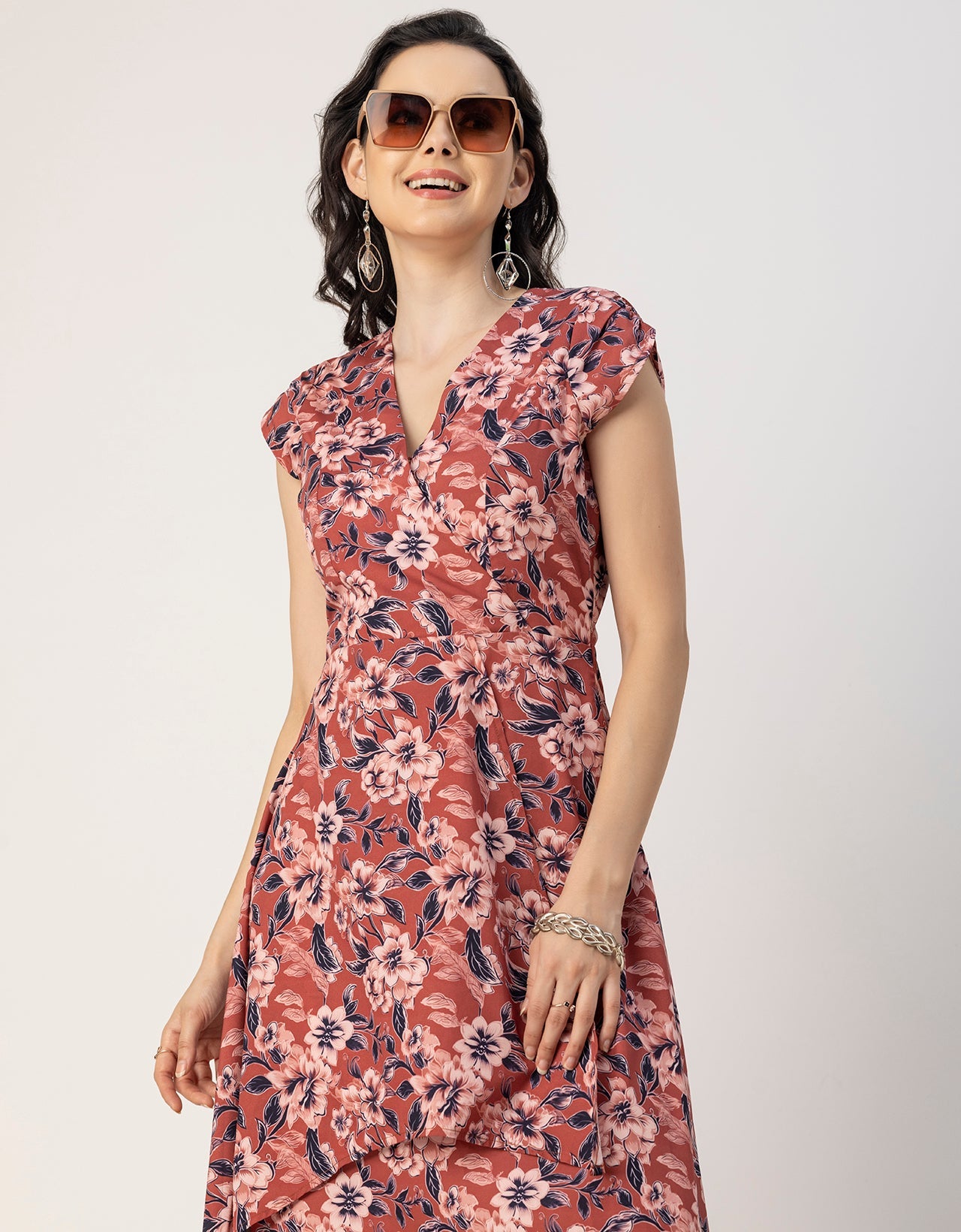 Short Sleeve High-Low V Neck Printed Dress