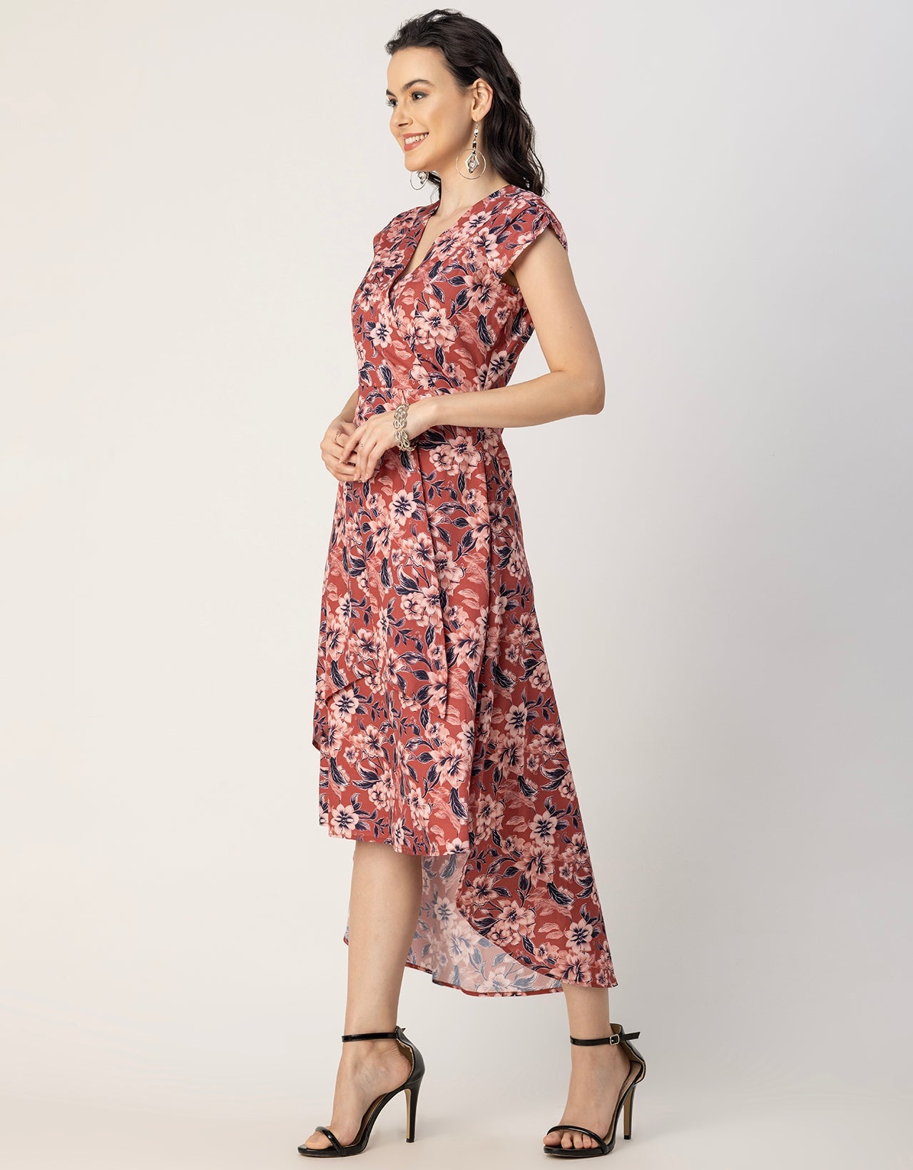 Short Sleeve High-Low V Neck Printed Dress