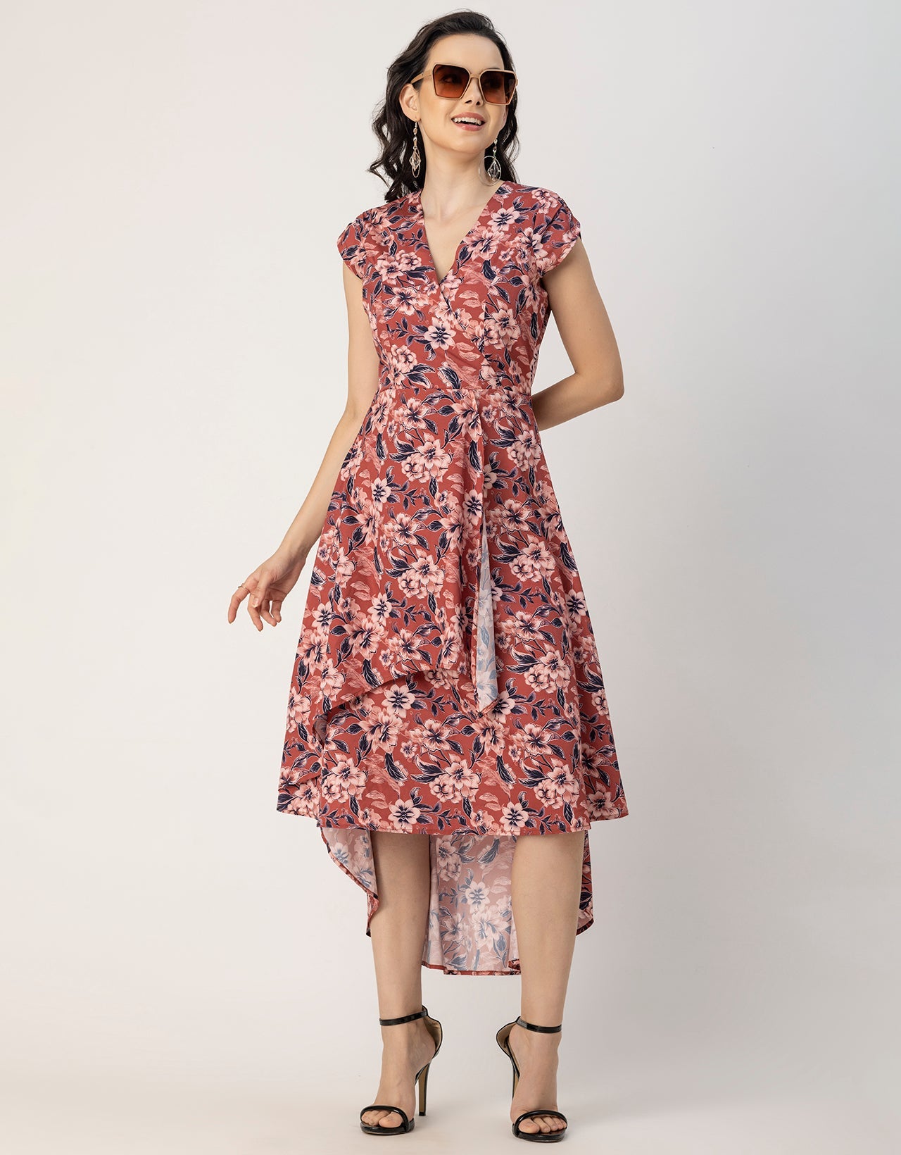 Short Sleeve High-Low V Neck Printed Dress
