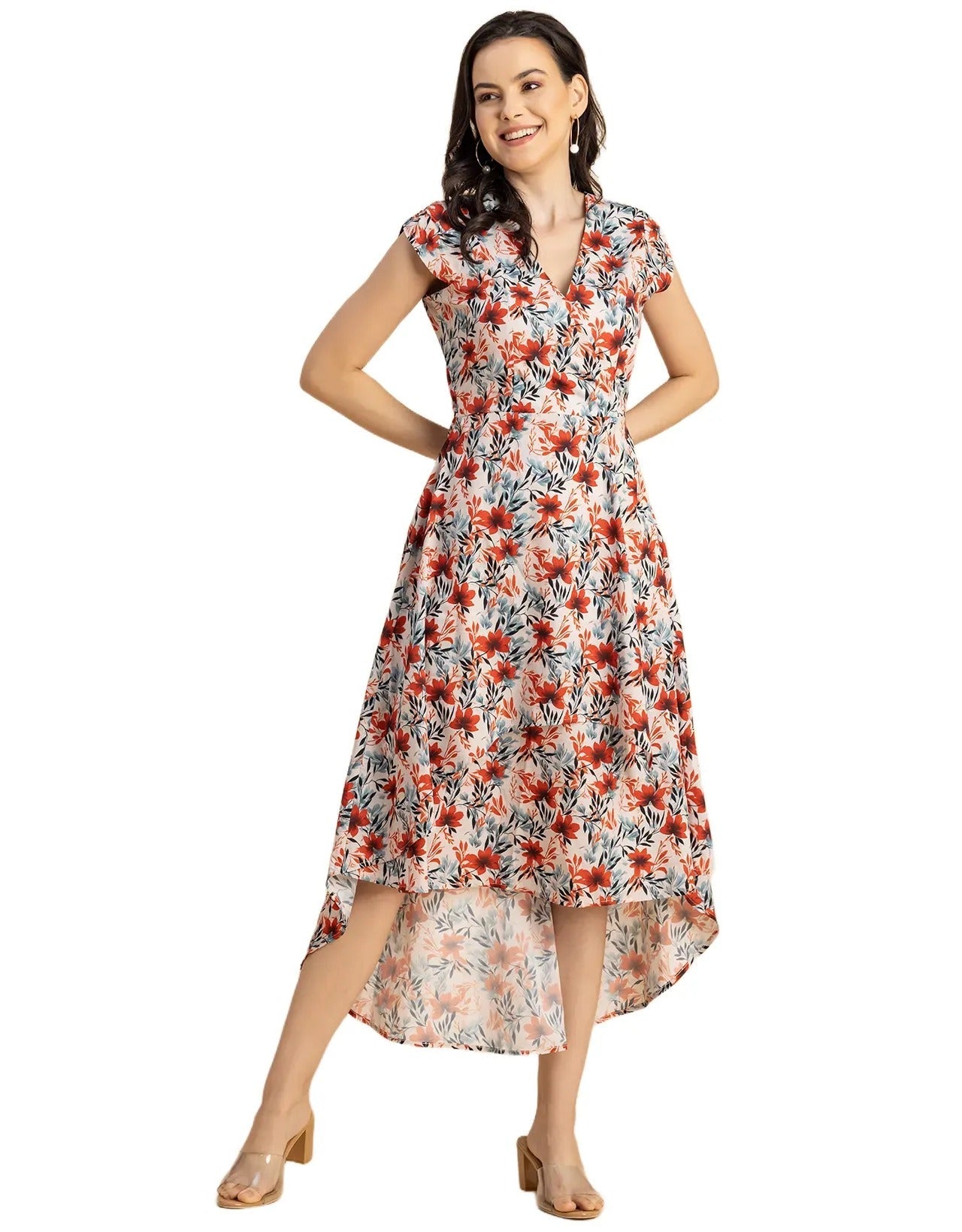 Short Sleeve High-Low V Neck Printed Dress