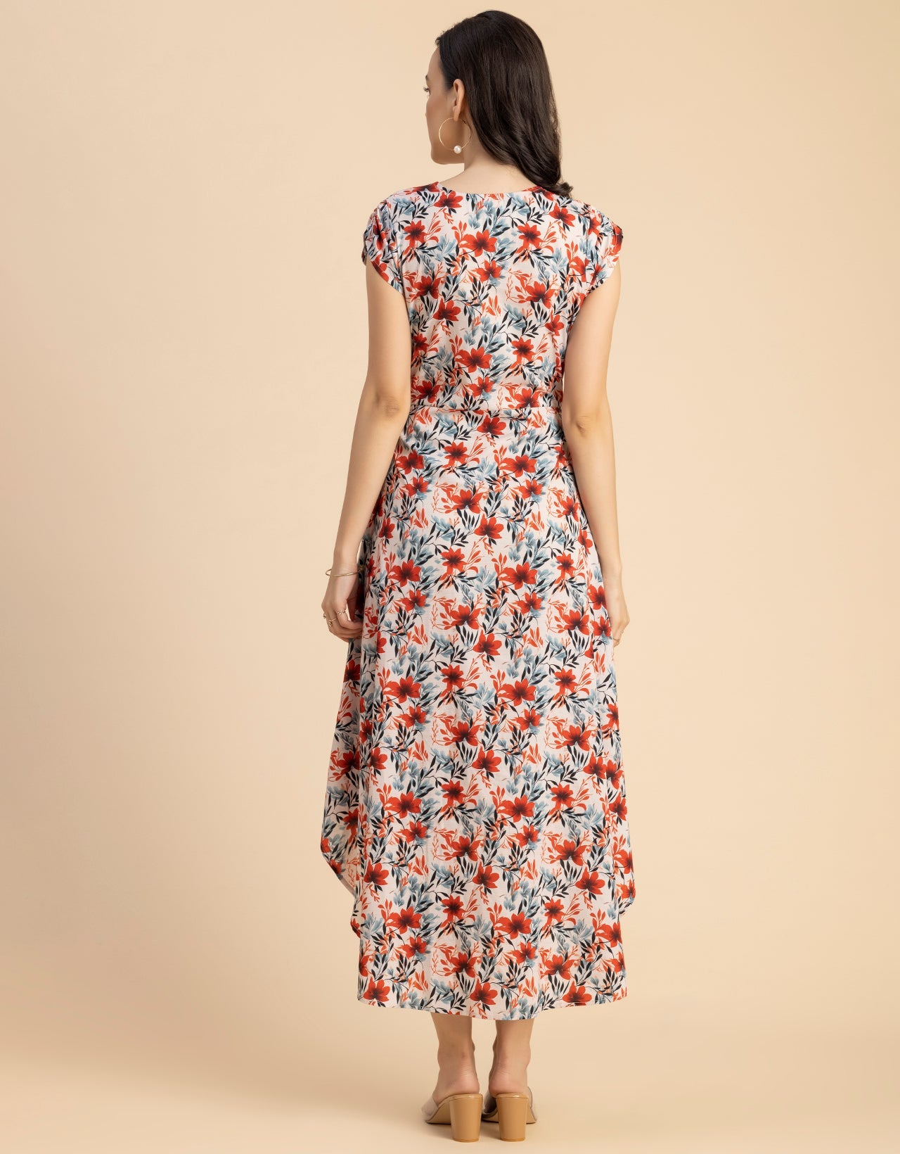Short Sleeve High-Low V Neck Printed Dress