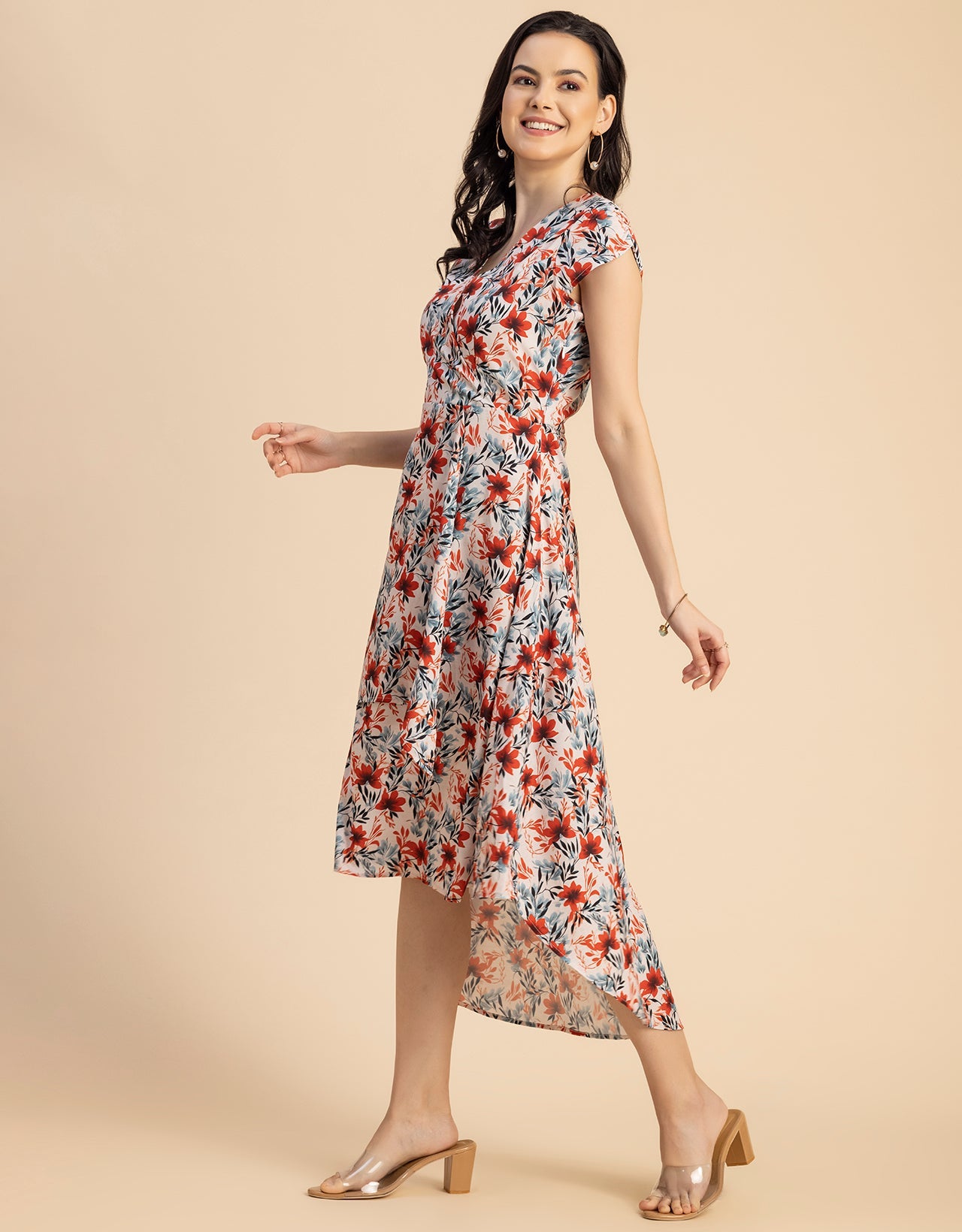 Short Sleeve High-Low V Neck Printed Dress