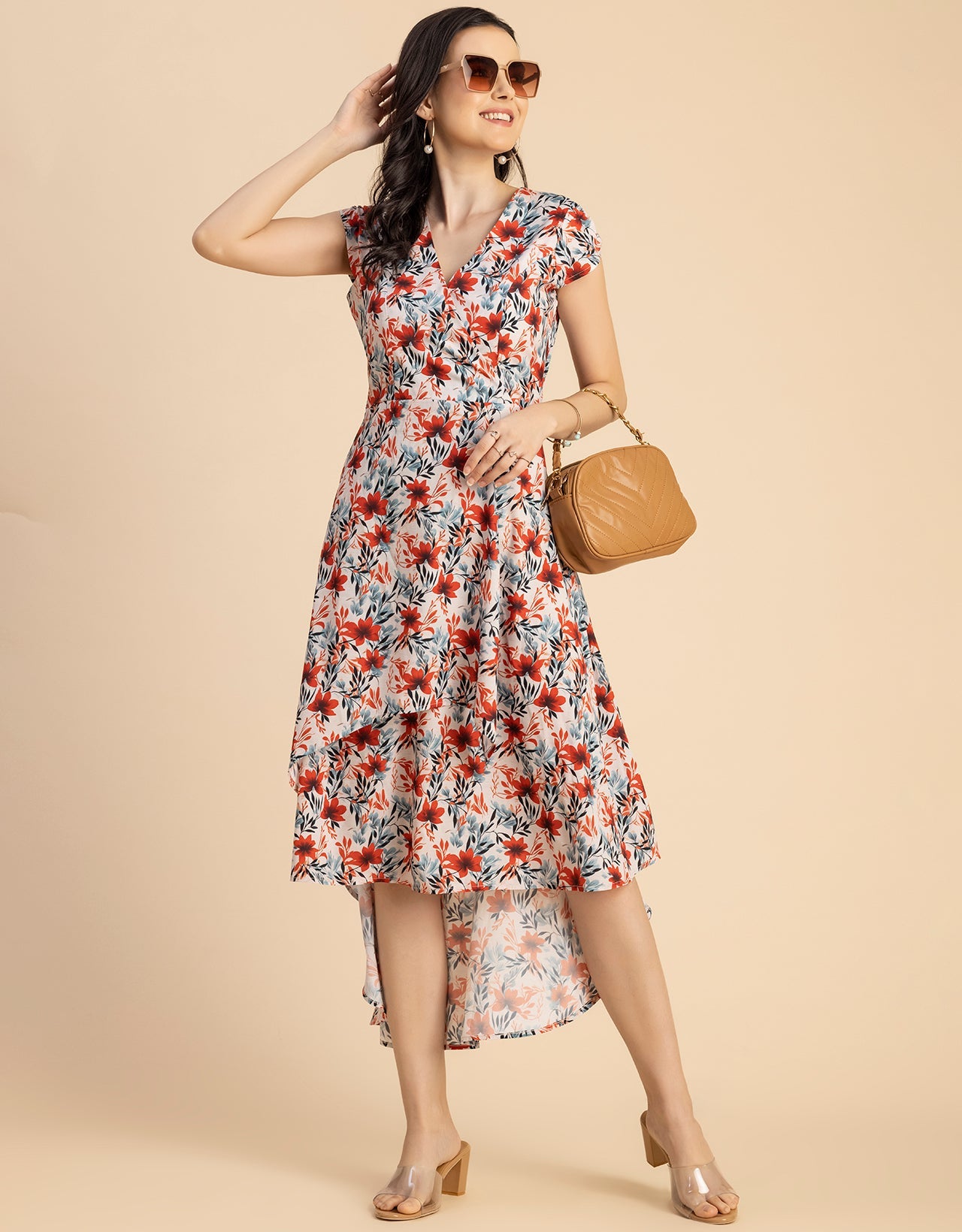 Short Sleeve High-Low V Neck Printed Dress