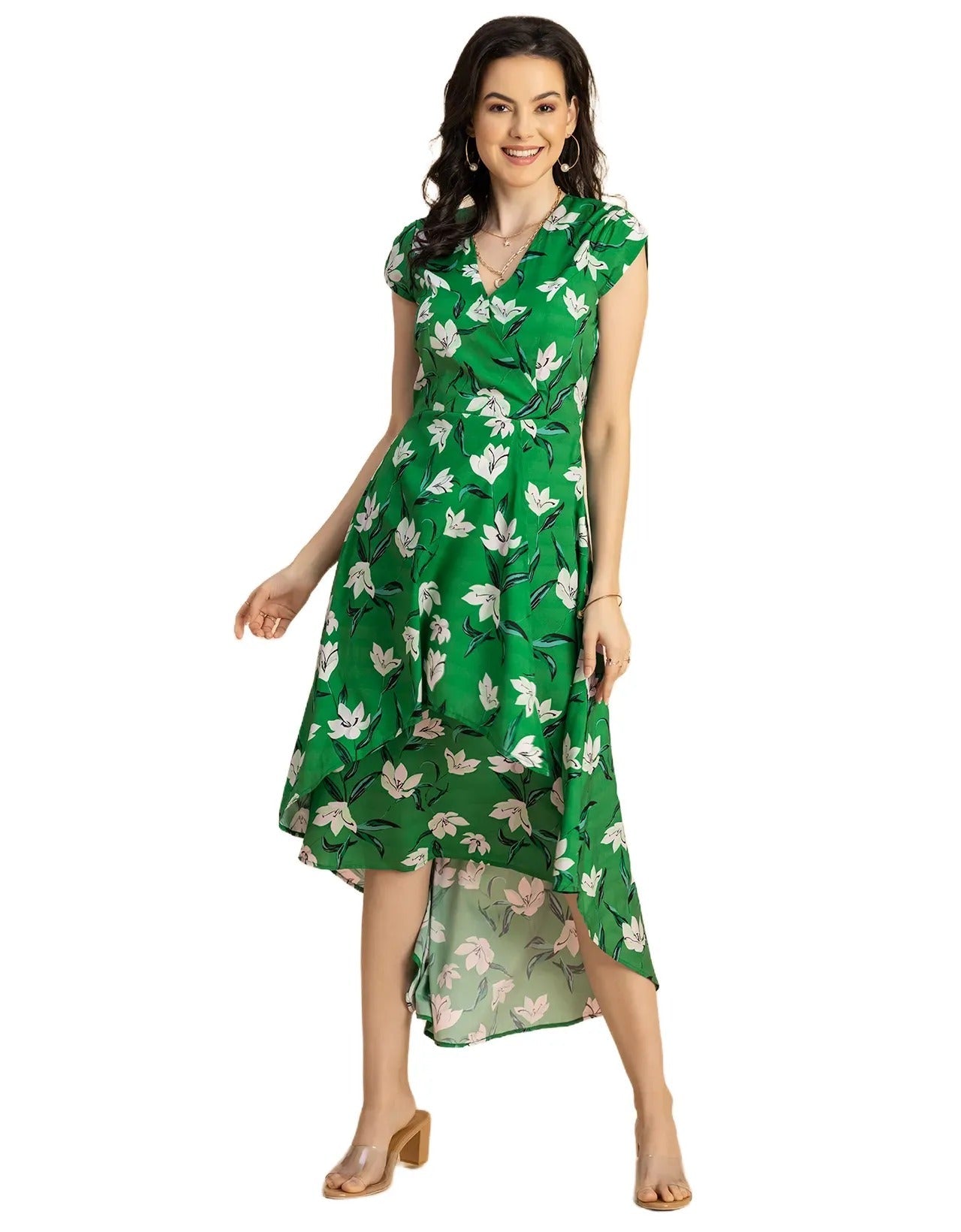 Short Sleeve High-Low V Neck Printed Dress
