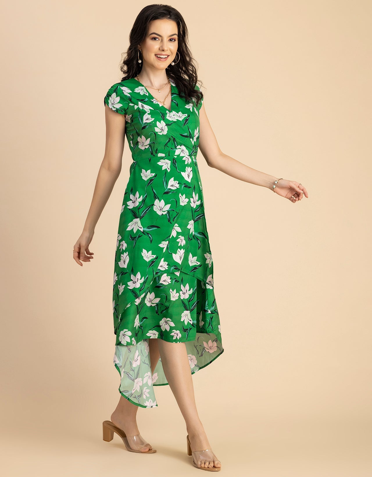 Short Sleeve High-Low V Neck Printed Dress