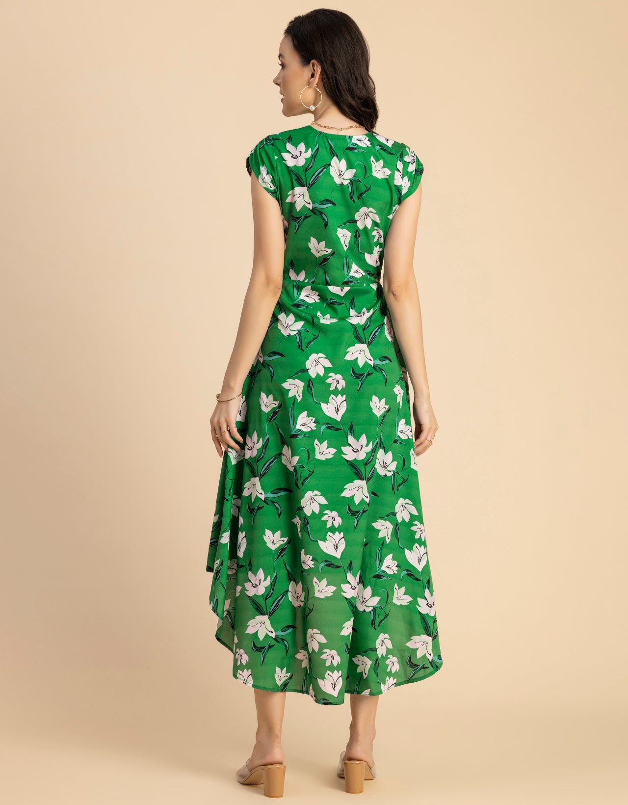 Short Sleeve High-Low V Neck Printed Dress