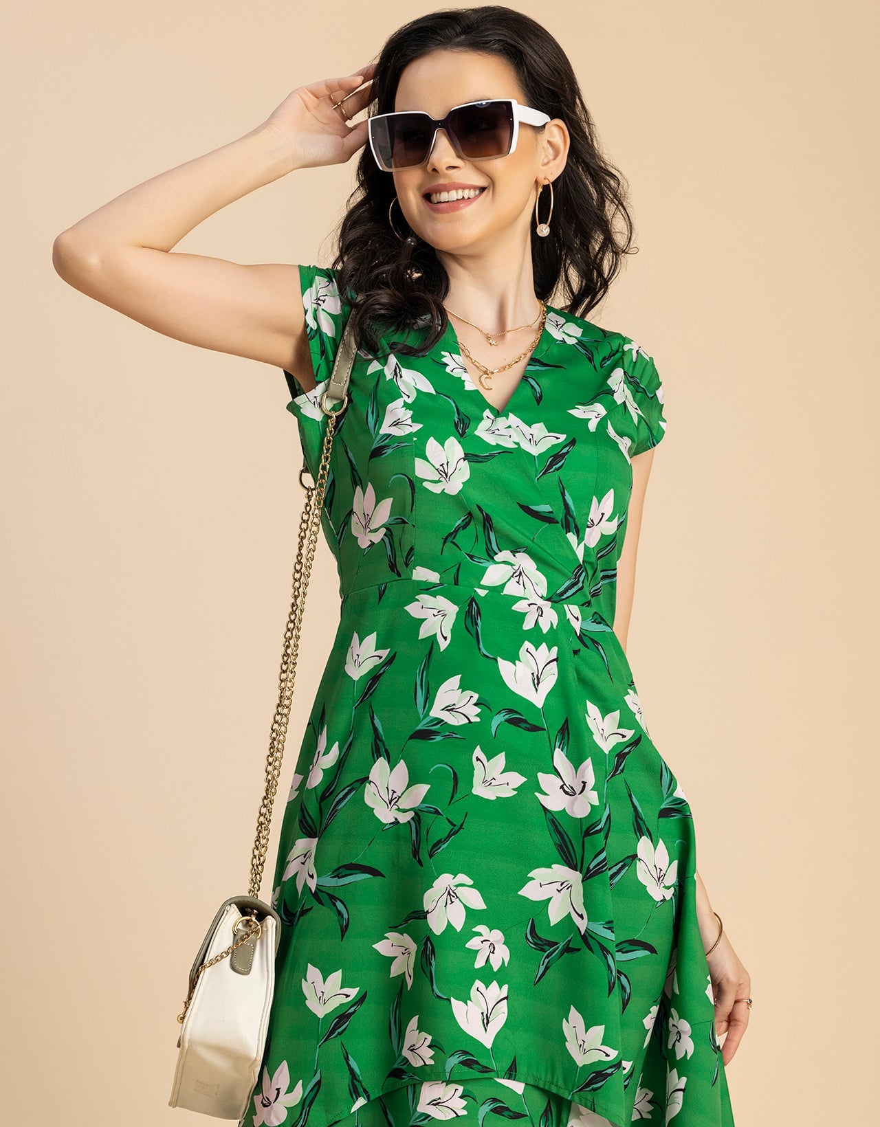 Short Sleeve High-Low V Neck Printed Dress