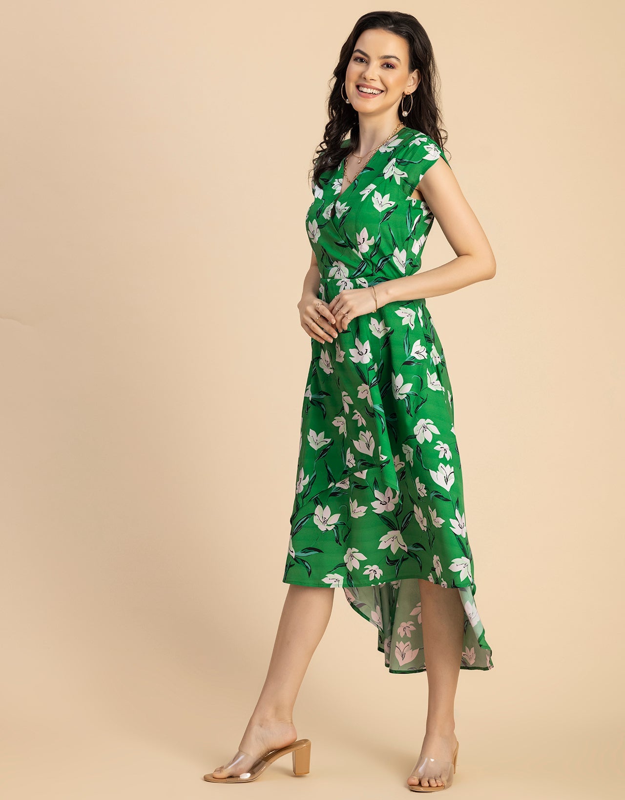 Short Sleeve High-Low V Neck Printed Dress