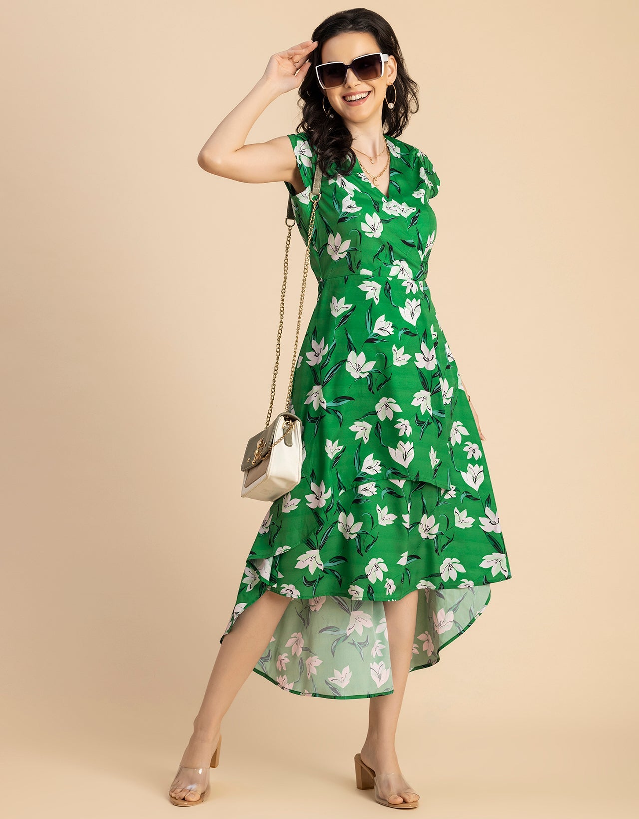 Short Sleeve High-Low V Neck Printed Dress
