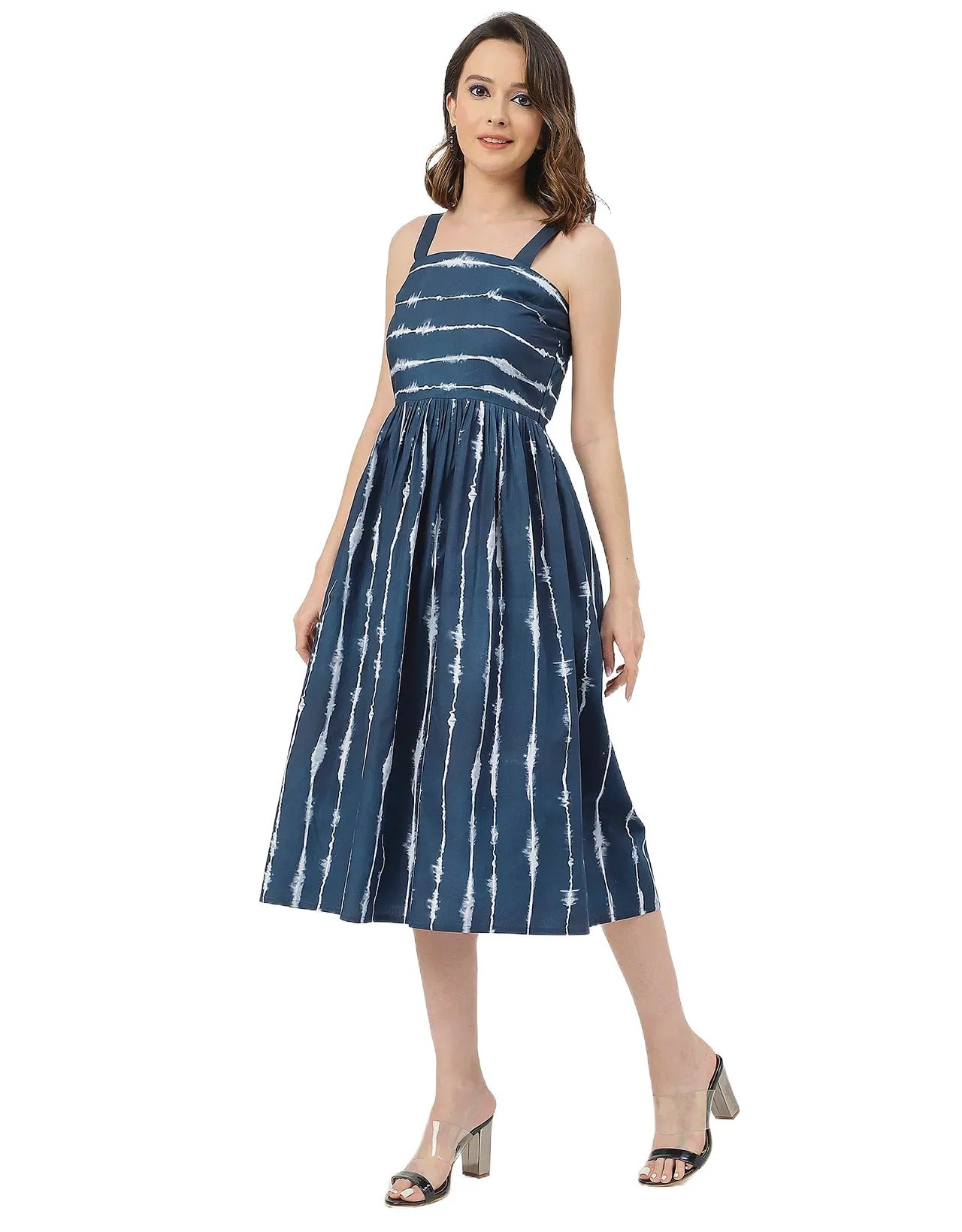 Sleeveless Square Neck Fit And Flare Cotton Dress