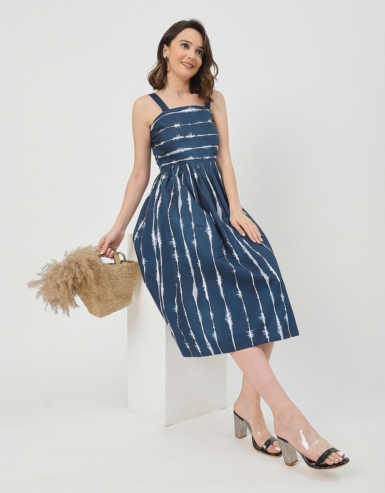 Sleeveless Square Neck Fit And Flare Cotton Dress