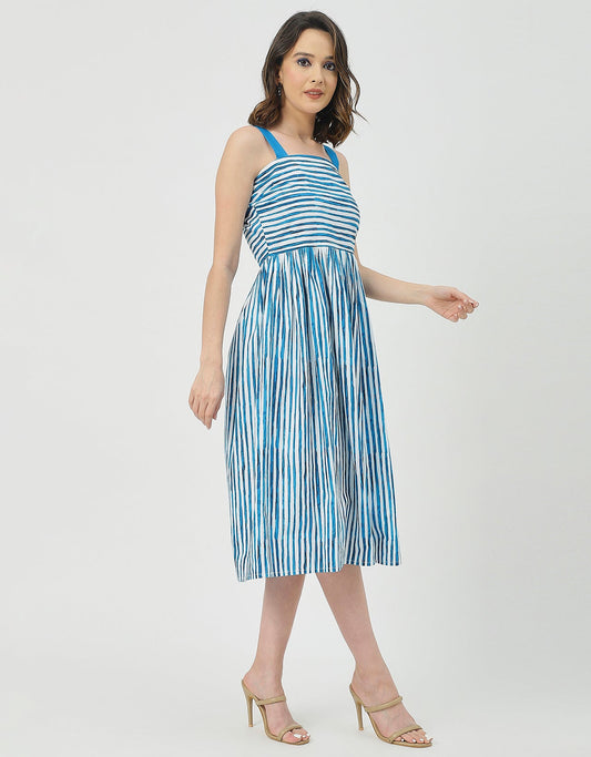 Sleeveless Square Neck Fit And Flare Cotton Dress