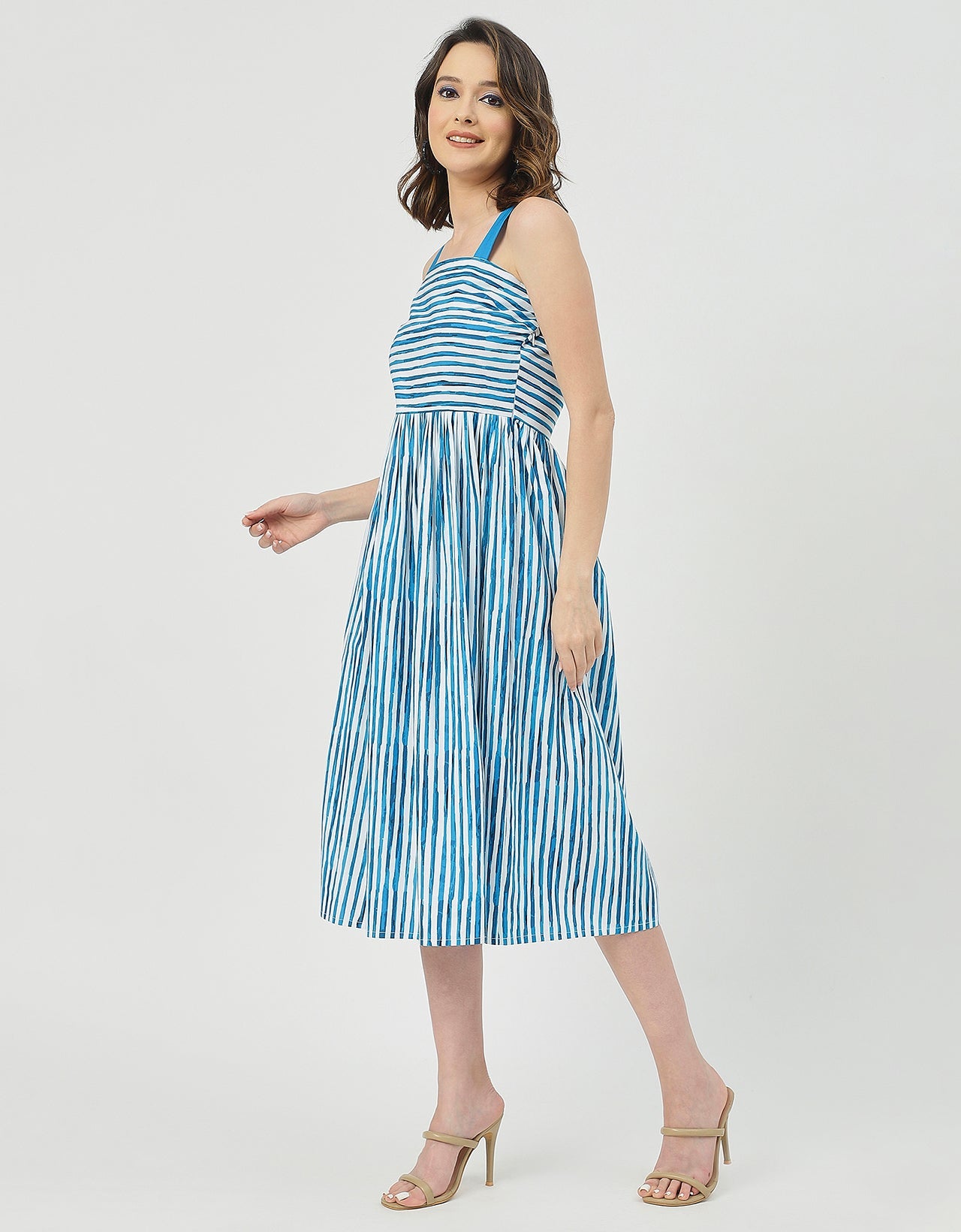 Sleeveless Square Neck Fit And Flare Cotton Dress