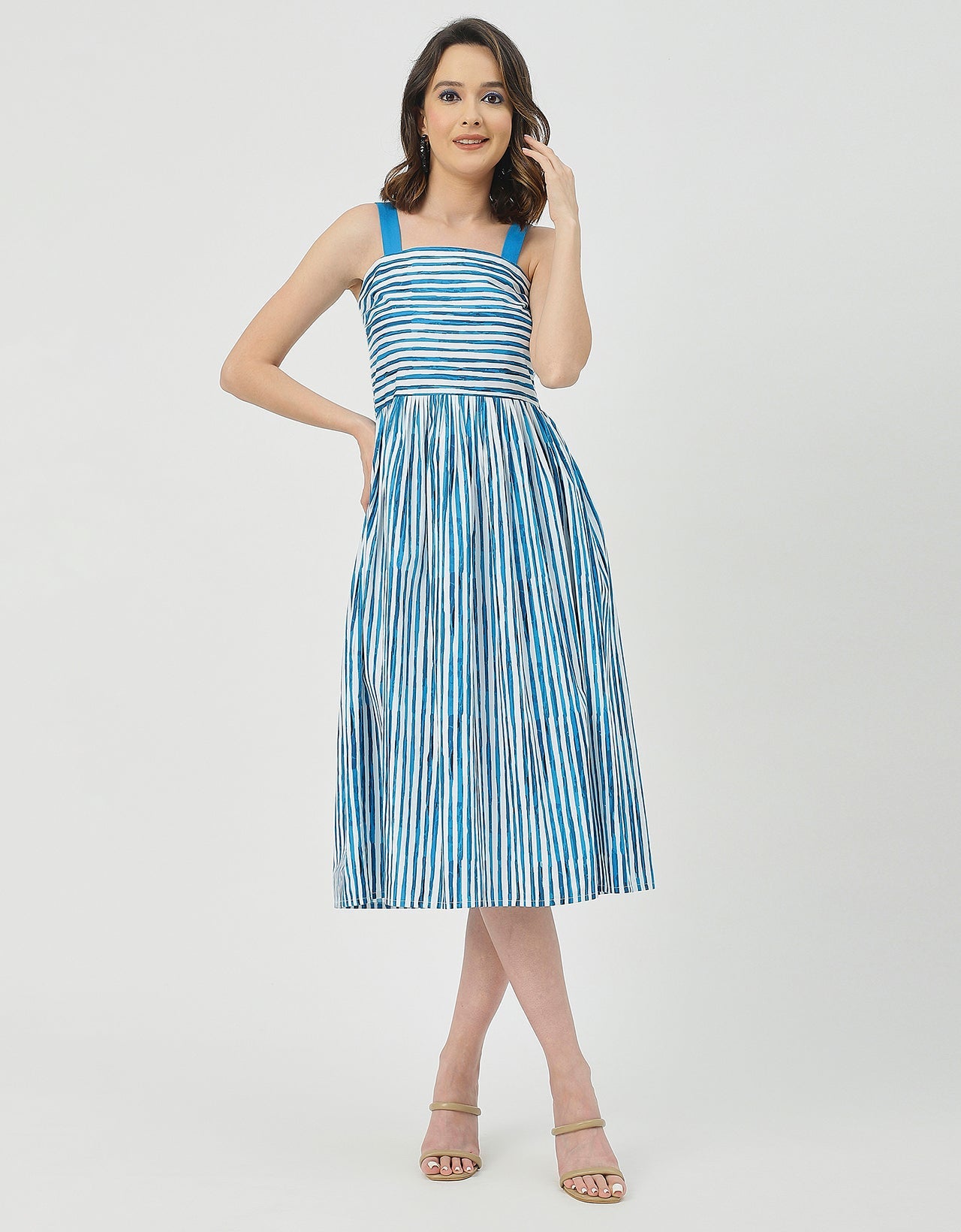 Sleeveless Square Neck Fit And Flare Cotton Dress