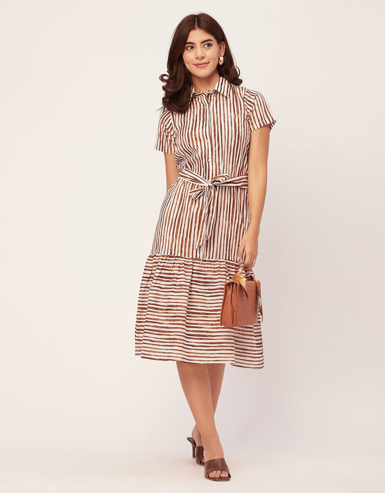 Short Sleeve A-Line Shirt Collar Cotton Dress