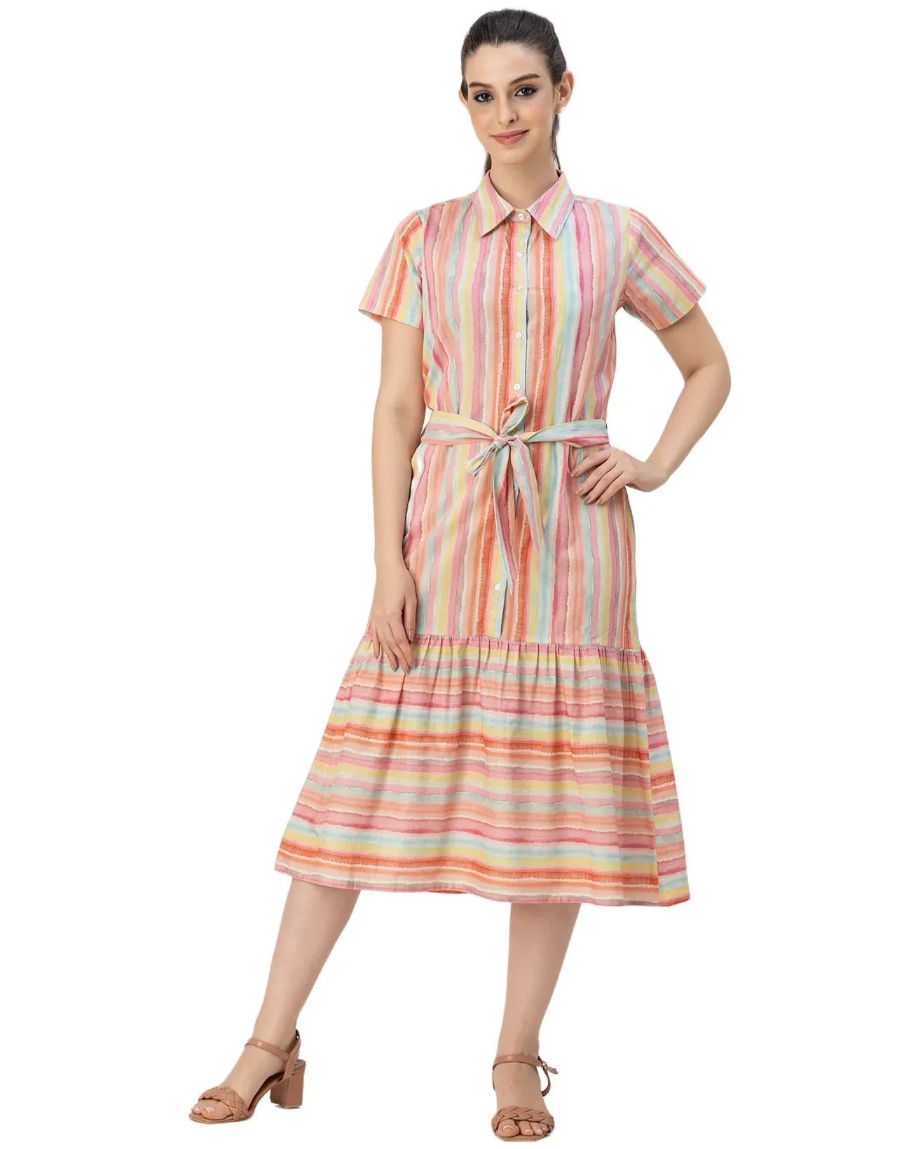 Short Sleeve A-Line Shirt Collar Cotton Dress