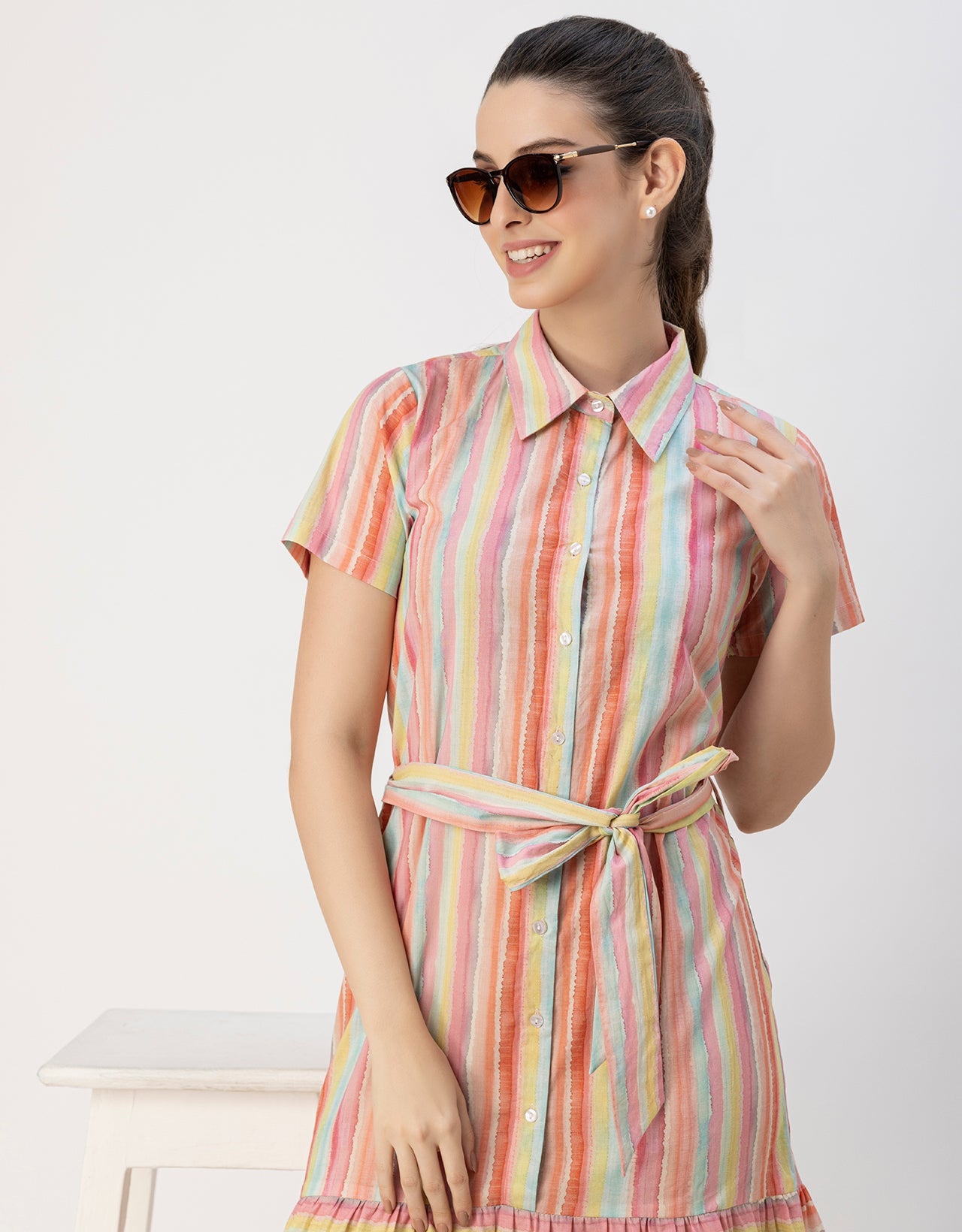 Short Sleeve A-Line Shirt Collar Cotton Dress
