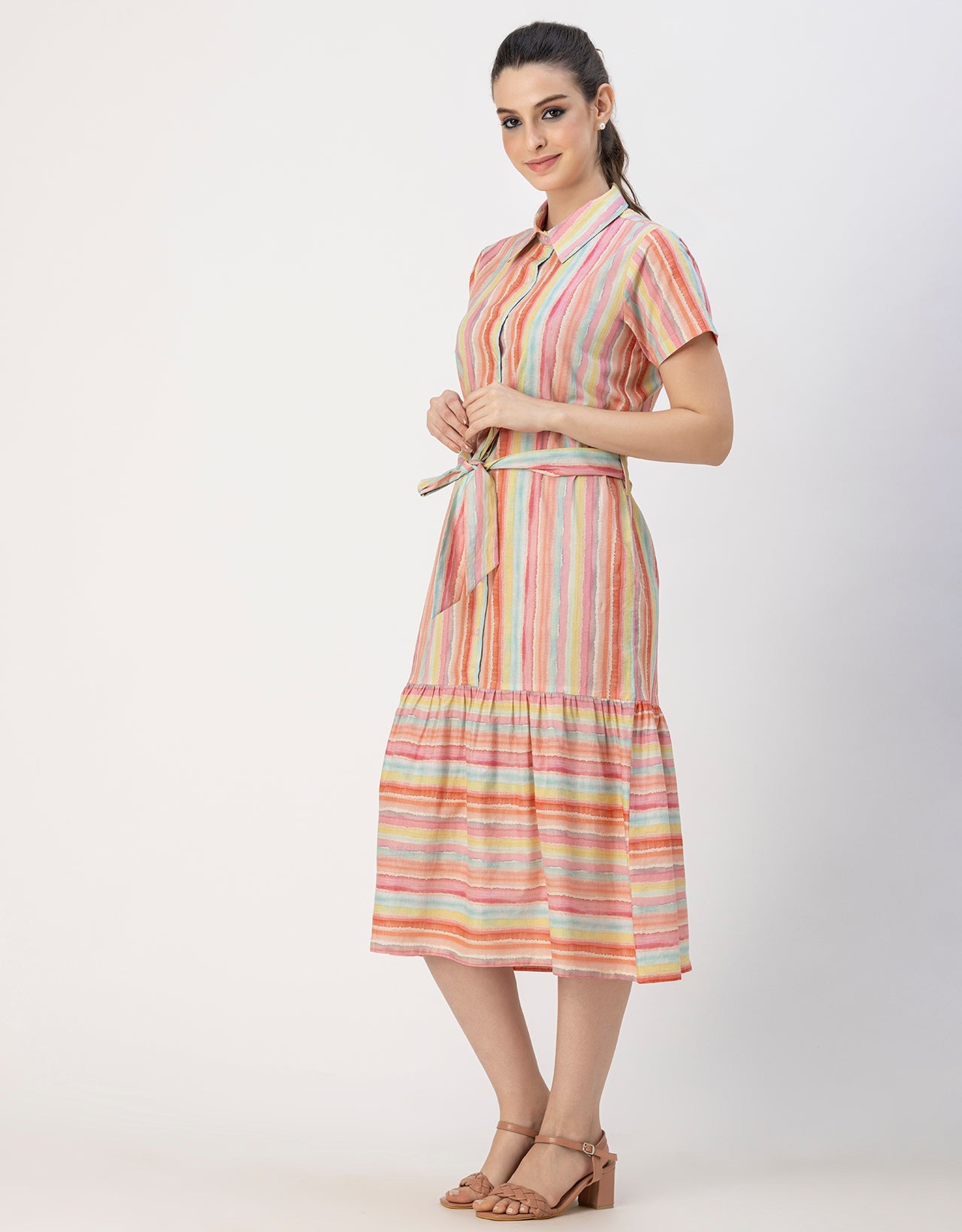 Short Sleeve A-Line Shirt Collar Cotton Dress