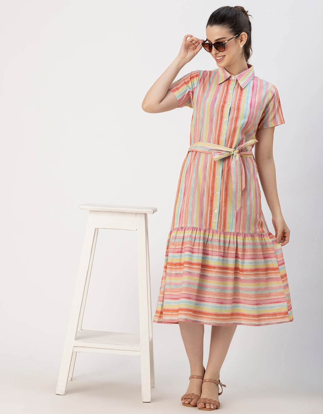 Short Sleeve A-Line Shirt Collar Cotton Dress