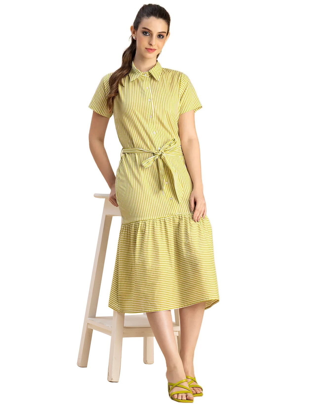 Short Sleeve A-Line Shirt Collar Cotton Dress