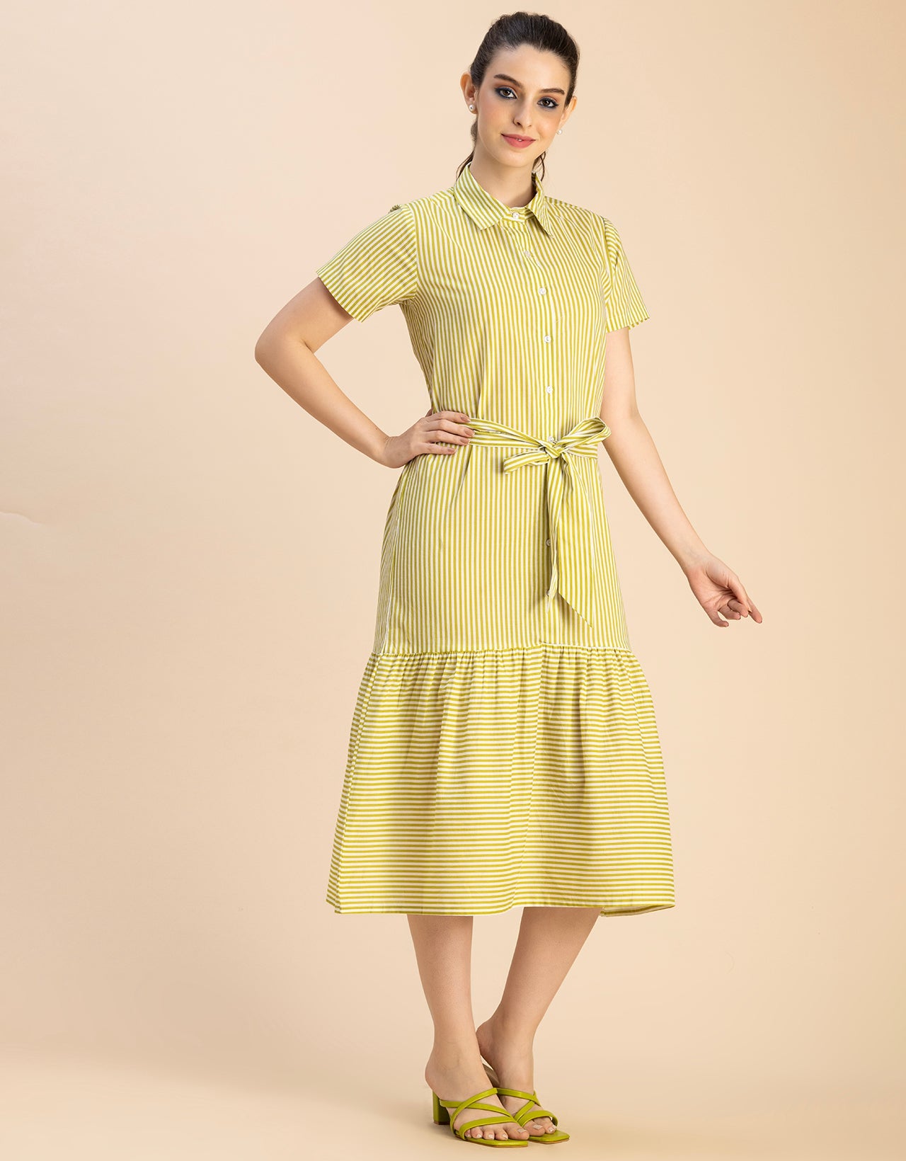 Short Sleeve A-Line Shirt Collar Cotton Dress