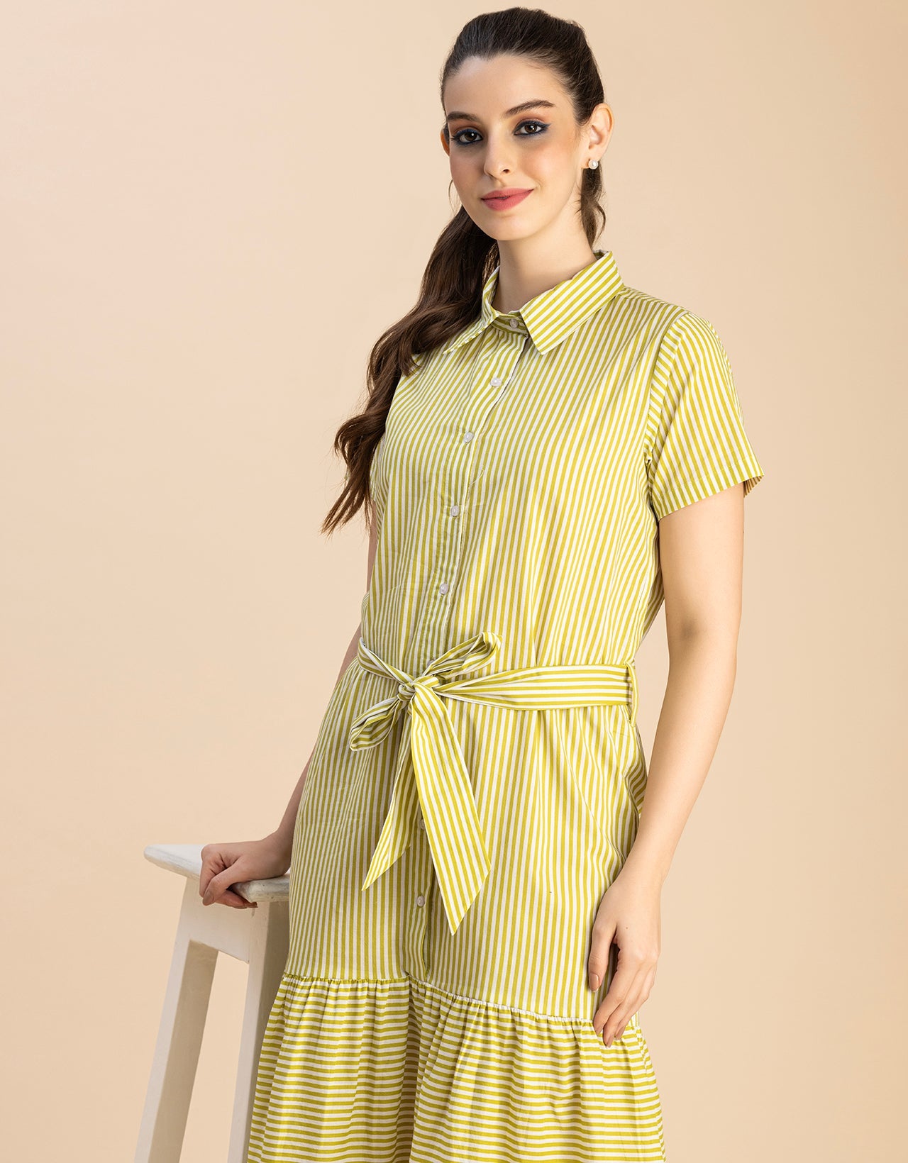 Short Sleeve A-Line Shirt Collar Cotton Dress