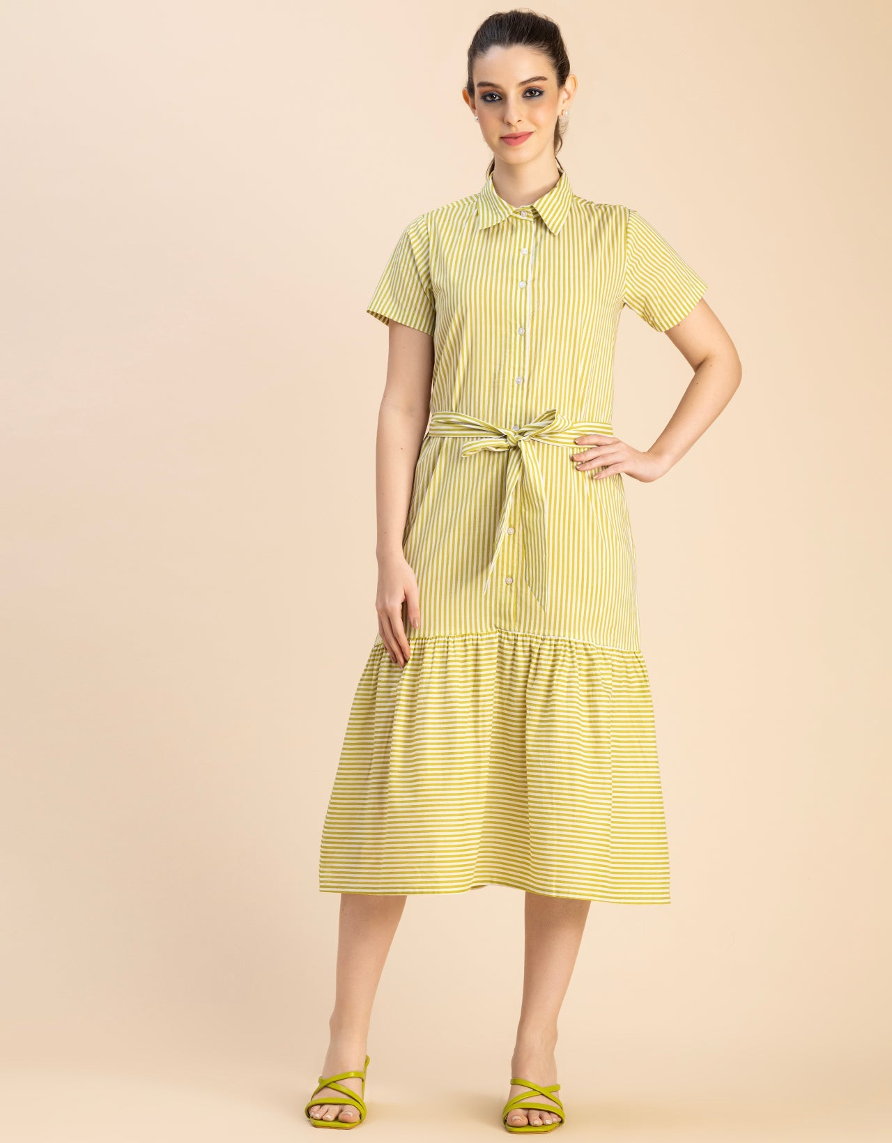 Short Sleeve A-Line Shirt Collar Cotton Dress