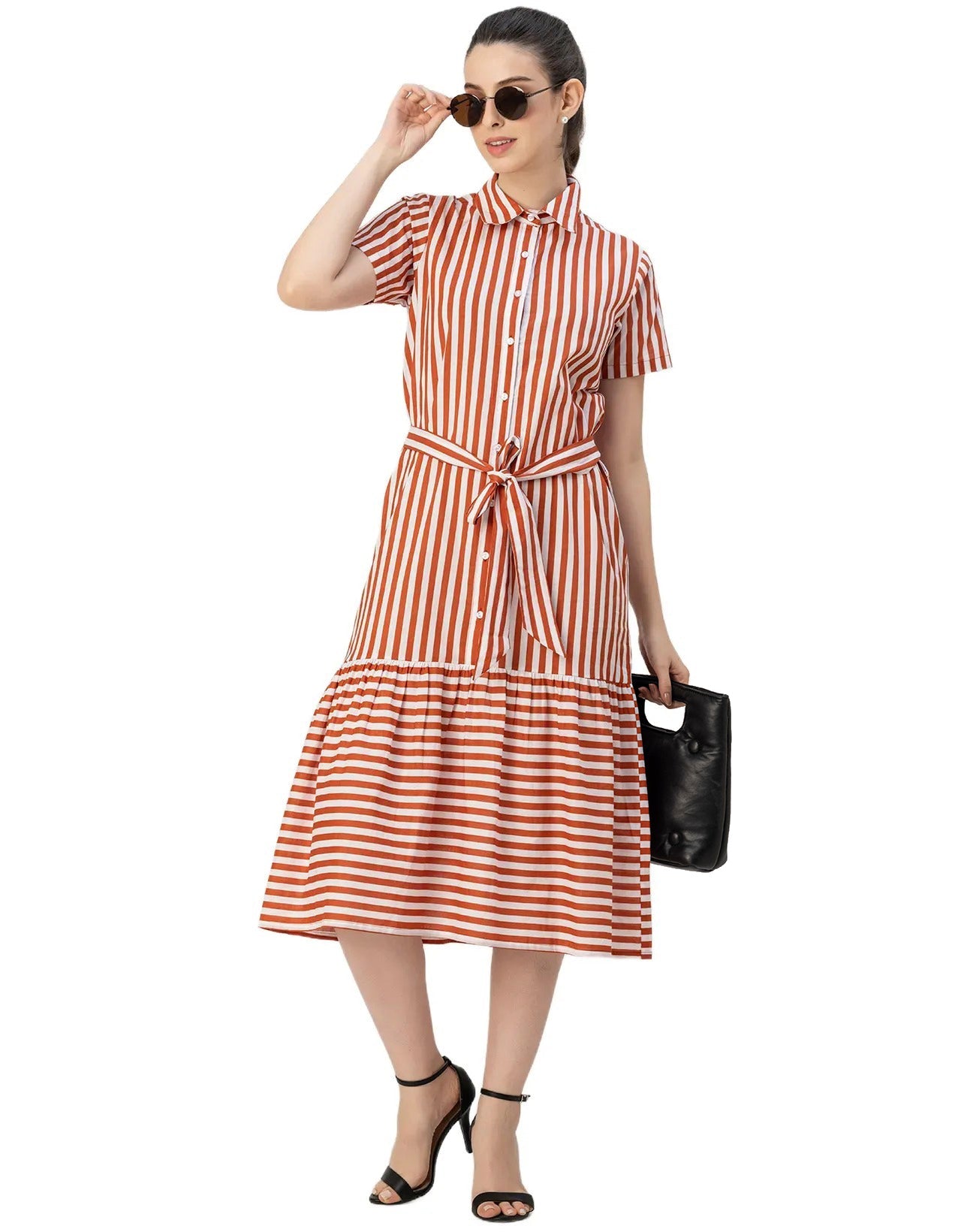 Short Sleeve A-Line Shirt Collar Cotton Dress