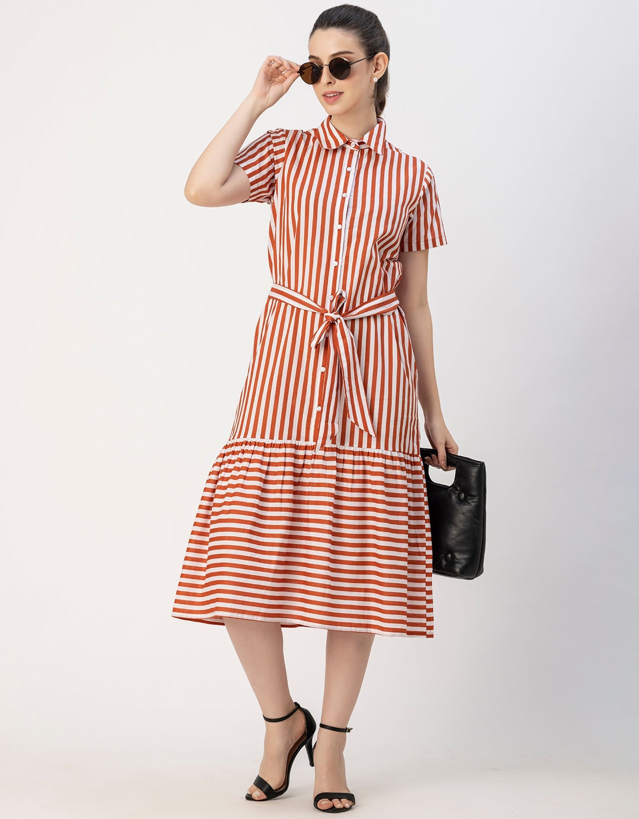Short Sleeve A-Line Shirt Collar Cotton Dress