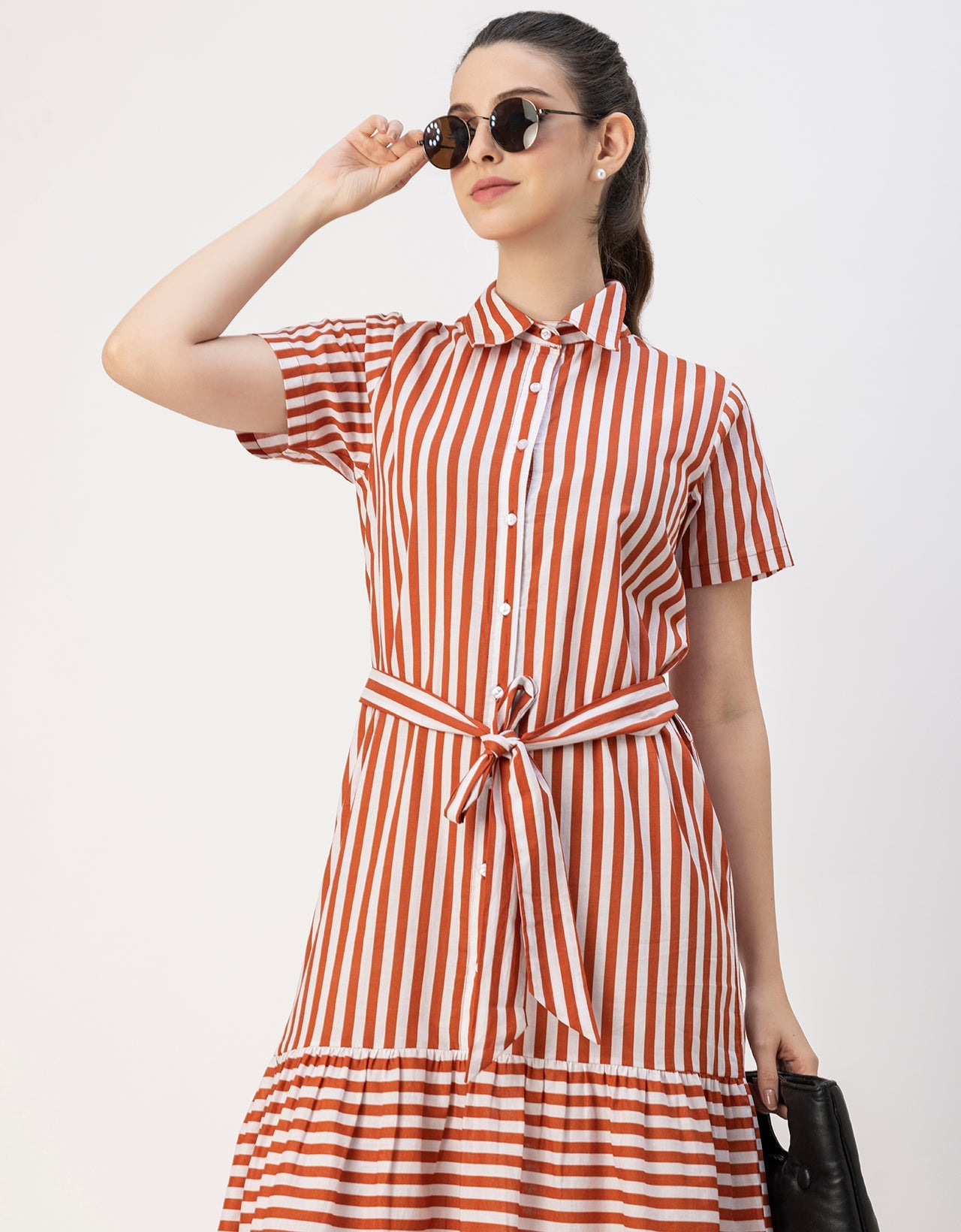 Short Sleeve A-Line Shirt Collar Cotton Dress