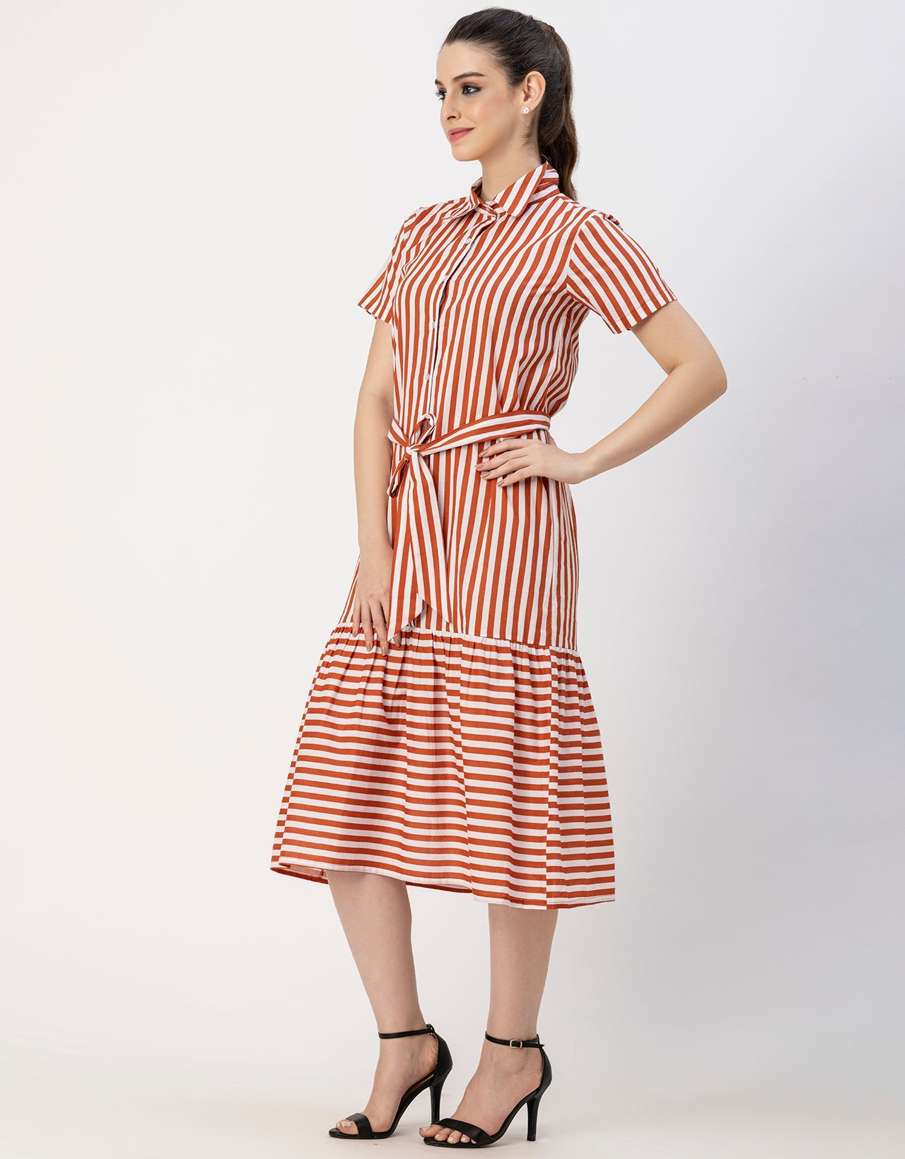 Short Sleeve A-Line Shirt Collar Cotton Dress