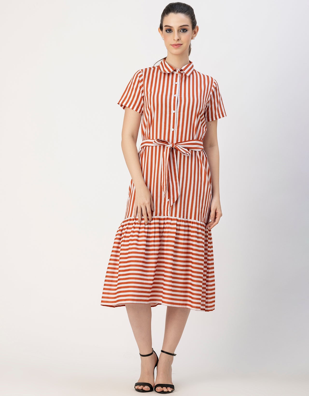 Short Sleeve A-Line Shirt Collar Cotton Dress