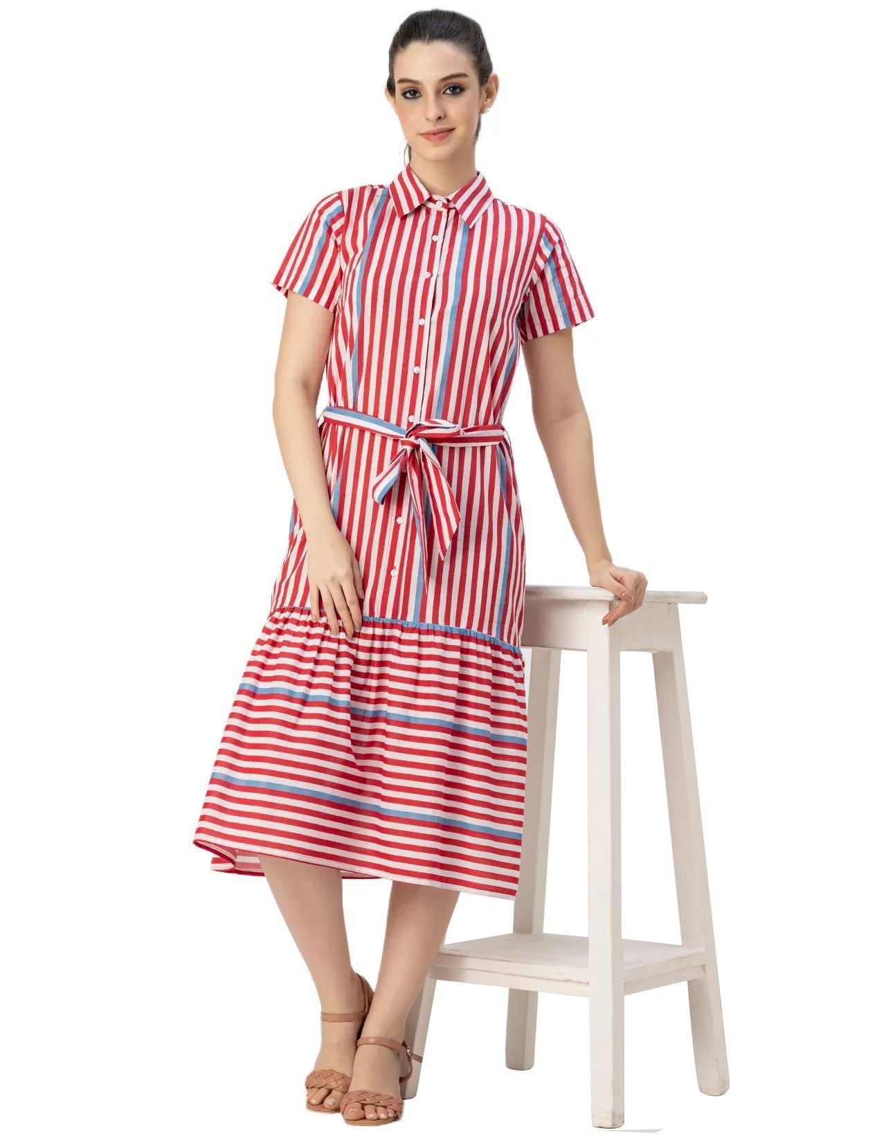 Short Sleeve A-Line Shirt Collar Cotton Dress