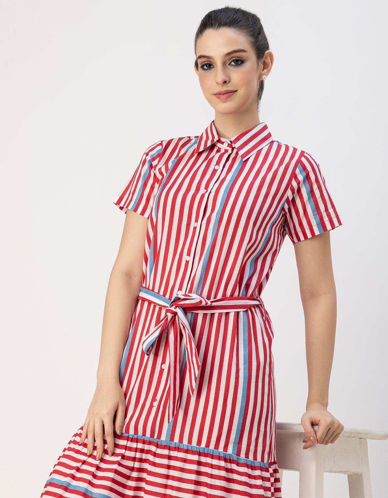 Short Sleeve A-Line Shirt Collar Cotton Dress