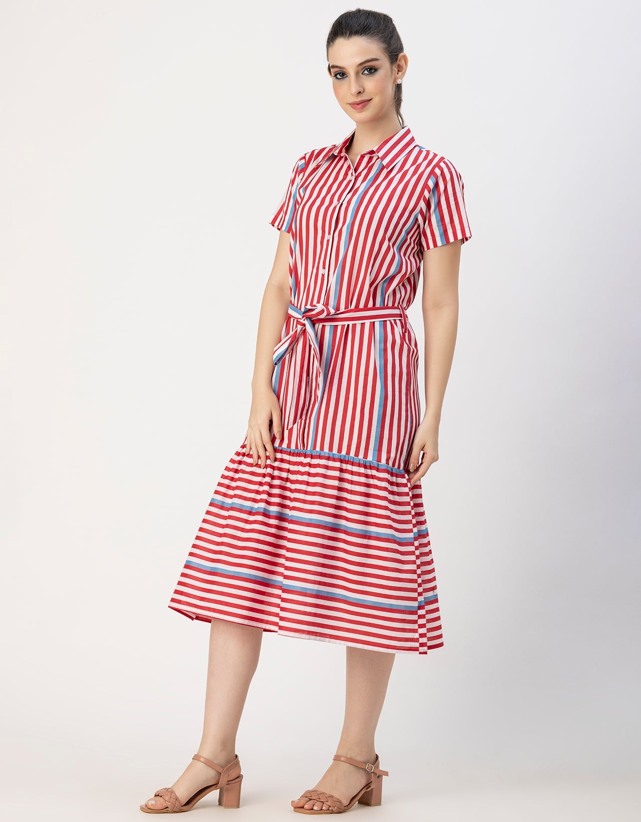 Short Sleeve A-Line Shirt Collar Cotton Dress