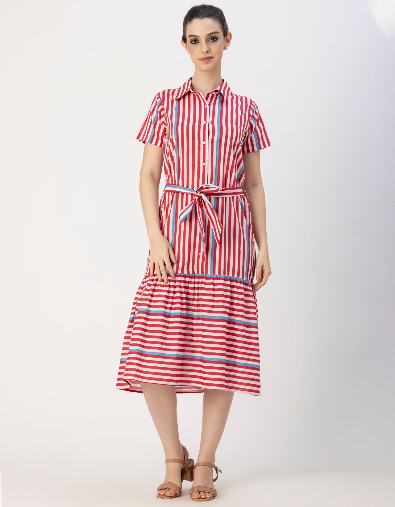 Short Sleeve A-Line Shirt Collar Cotton Dress