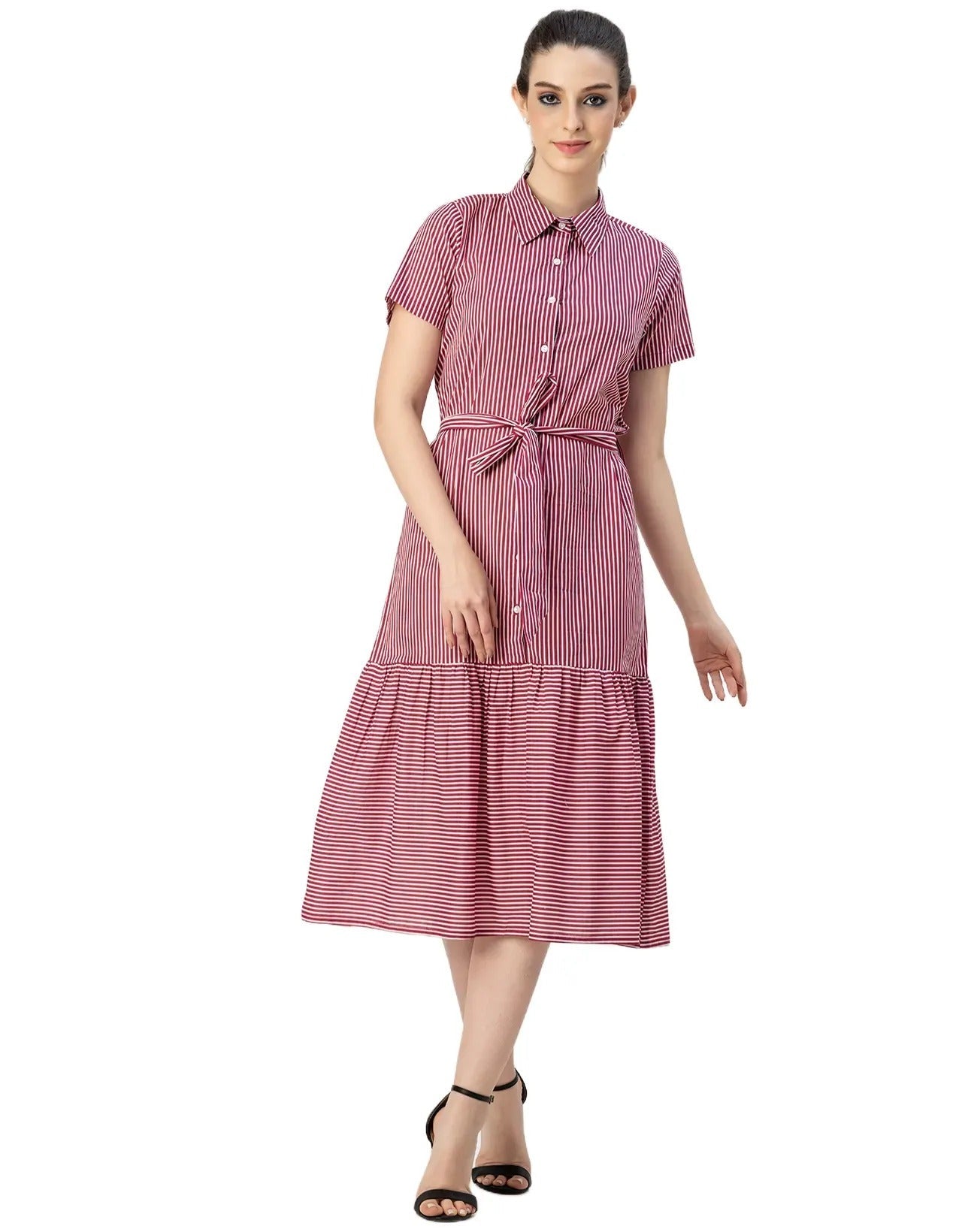 Short Sleeve A-Line Shirt Collar Cotton Dress