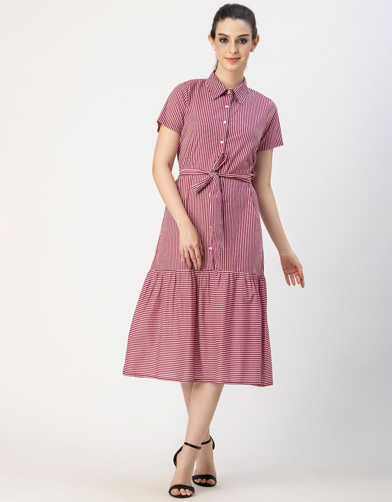 Short Sleeve A-Line Shirt Collar Cotton Dress